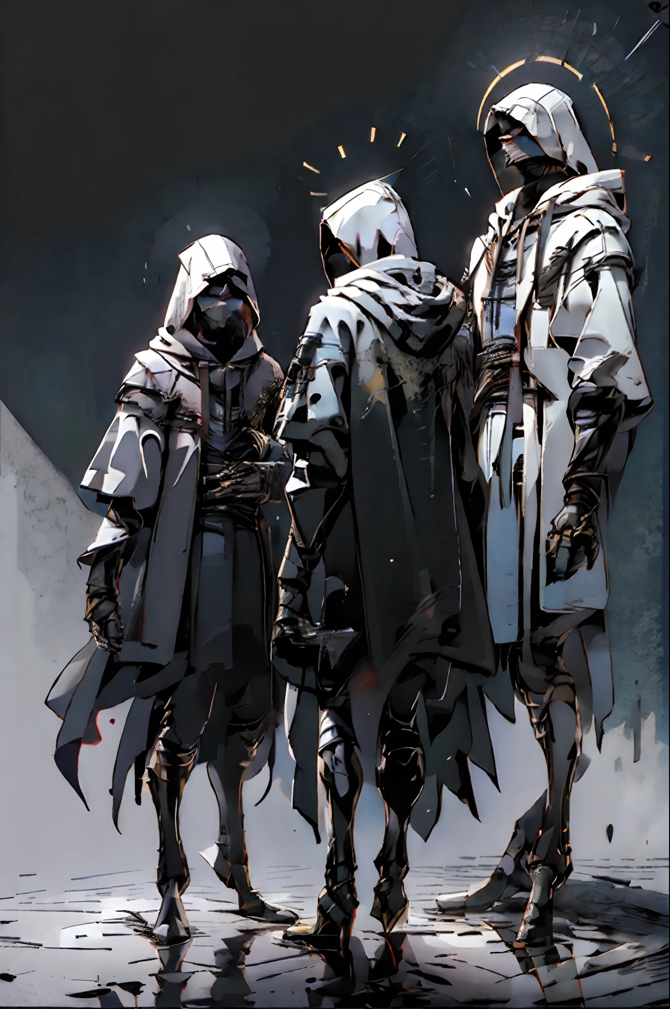 1men use long black hoodies with the Assassin's Creed theme, medieval, light reflection, focus, aesthetic, fantasy, black background