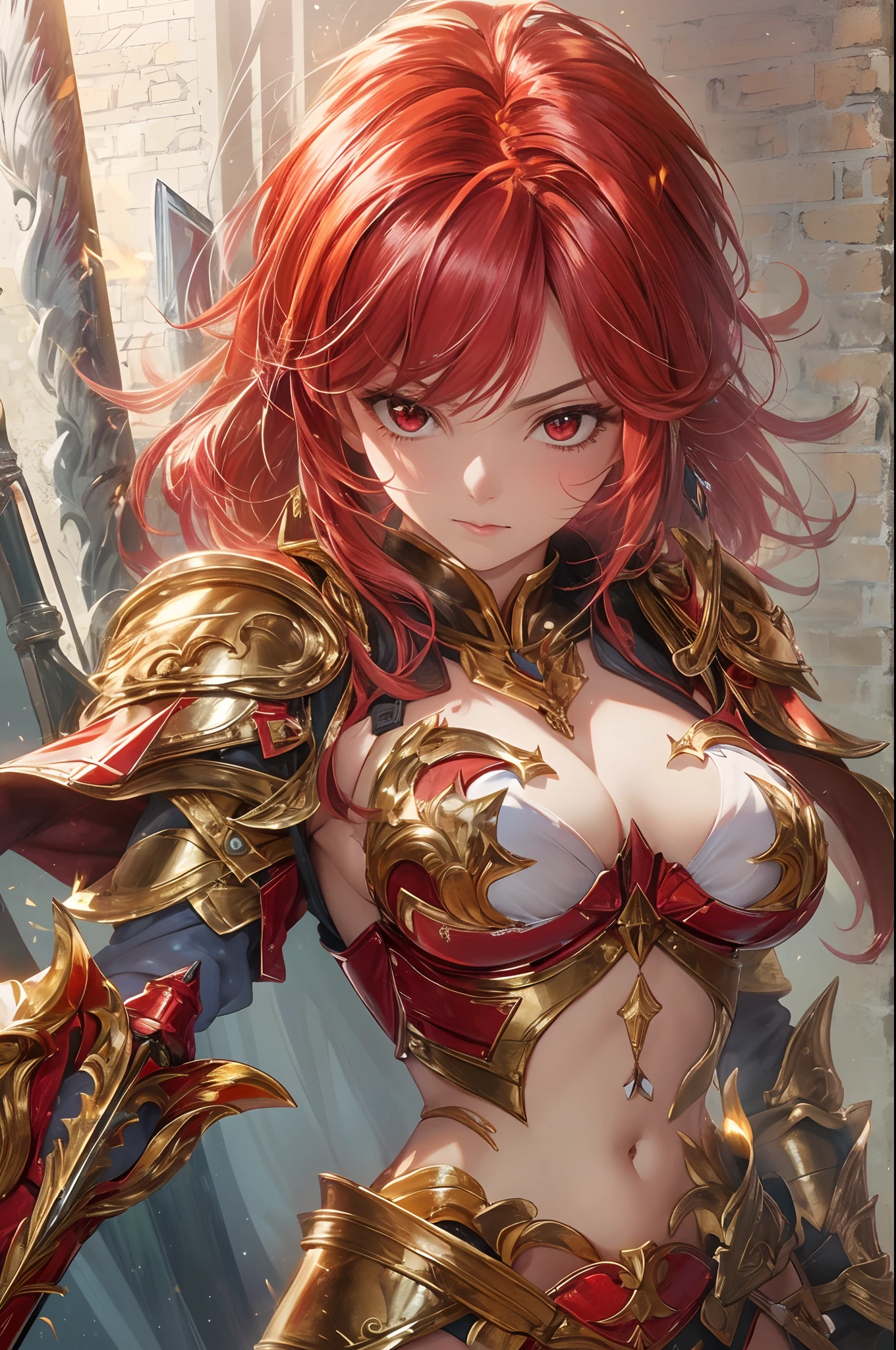 (masutepiece:1.5), the Extremely Detailed CG Unity 8K Wallpapers,(Realistic,Photorealsitic,hyper realisitic:1.5),(during daytime,bloom:1.4),(Curve,Model,glamor:1.5),Beautiful breasts,Farbe_aberration,beautiful detailed shadow,Beautiful eyes,Beautiful body,Beautiful skin,beautifull hands,(Red Western Armor:1.4),(Red hair,Long hair,Red Eyes:1.5)、(Holding a flaming sword in his hand,Holding a sword:1.4),(Large_breasts:1.5),Rin々Shishi Face,(A well-proportioned and perfect body:1.5),intricate detailes, from a_Below, shiny_skin, , side locks, (Hair fluttering in the wind:1.3), (Burning feathers:1.4),Anime girl with red hair and sword in front of the city, female redhead templar,redhead queen in heavy red armor, lady in red armor, Red armor, armor girl,super high saturation,(tmasterpiece), fully body photo,(best qualtiy), (1girll), starryskybackground,Wearing shiny gold armor, Sexy lingerie type armor,Expose your breasts,Exposing the waistline,Exposing thighs,Cool pose, Saint Seiya's Armor, dishevled hair,high detal, Anime style, Cinematic lighting, spark of light, God Light, Ray traching, film grains, hyper HD, textured skint, super detailing, anatomical correct, hight resolution,super high saturation,highly contrast,High-gloss armor,slick skin,serious facial expression,Dark room,