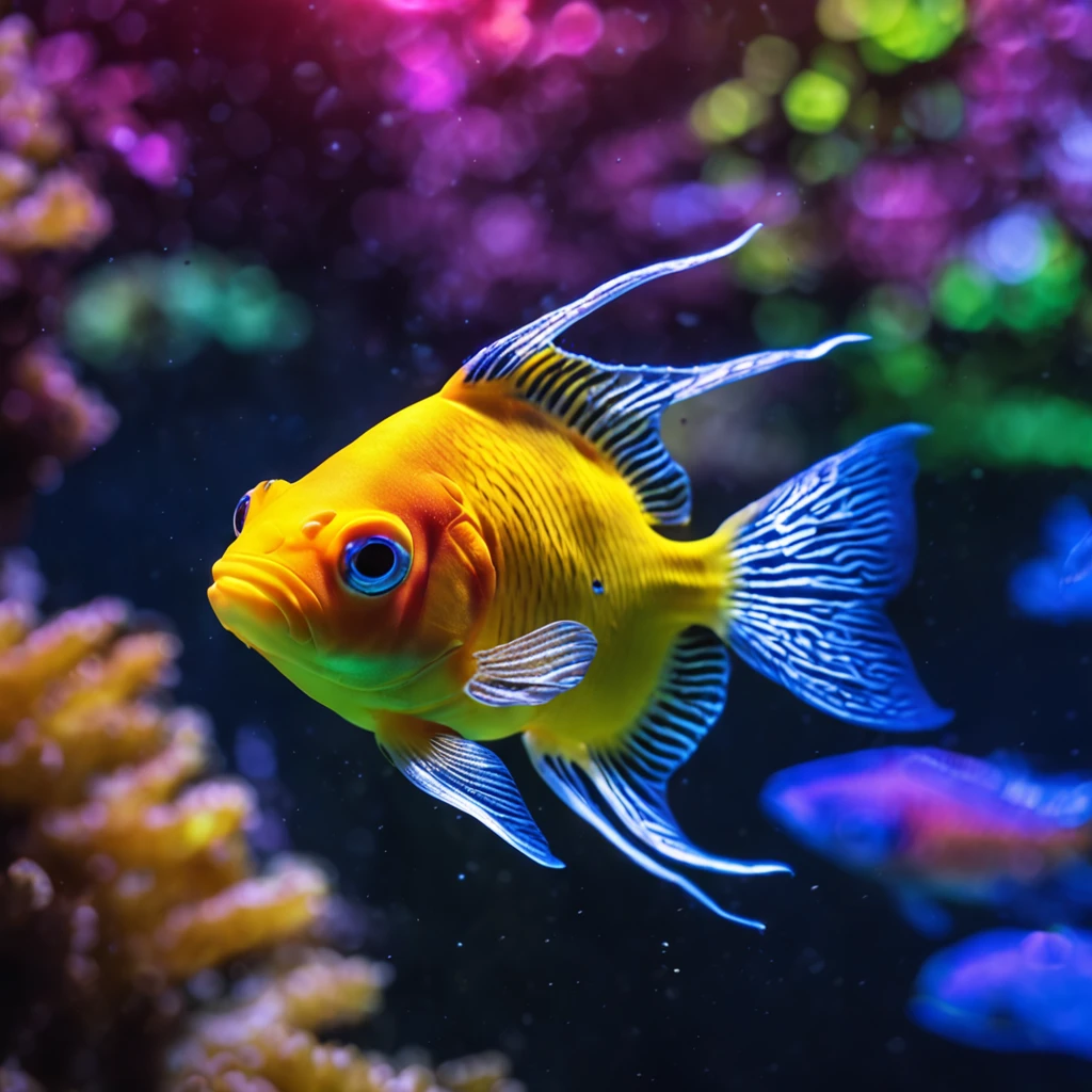 An ultra image of a colorful fish swimming away from the camera, Alta Reselução, Alta Qaulidade, Beautiful underwater luminosity, vibrante, Miki Asai Macro fotografia, Close-up, hiper detalhado, trending on ArtStation, foco nítido, Studio photo, detalhes intrincados, altamente detalhado, Directed by: Greg Rutkowski