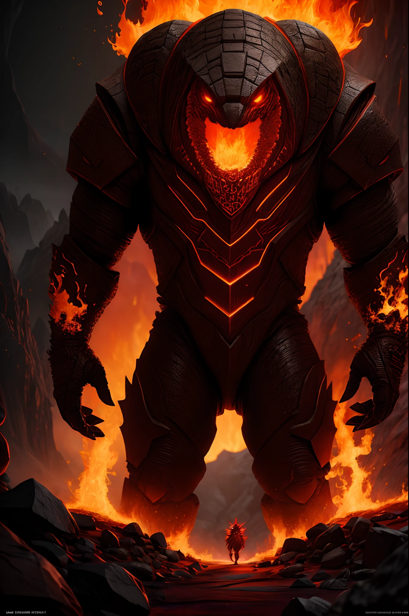 a Golem with ruby fire standing in a fiery landscape | unreal engine 5, close-up, lovecraftian, characterful animal portraits, 8k, movie poster