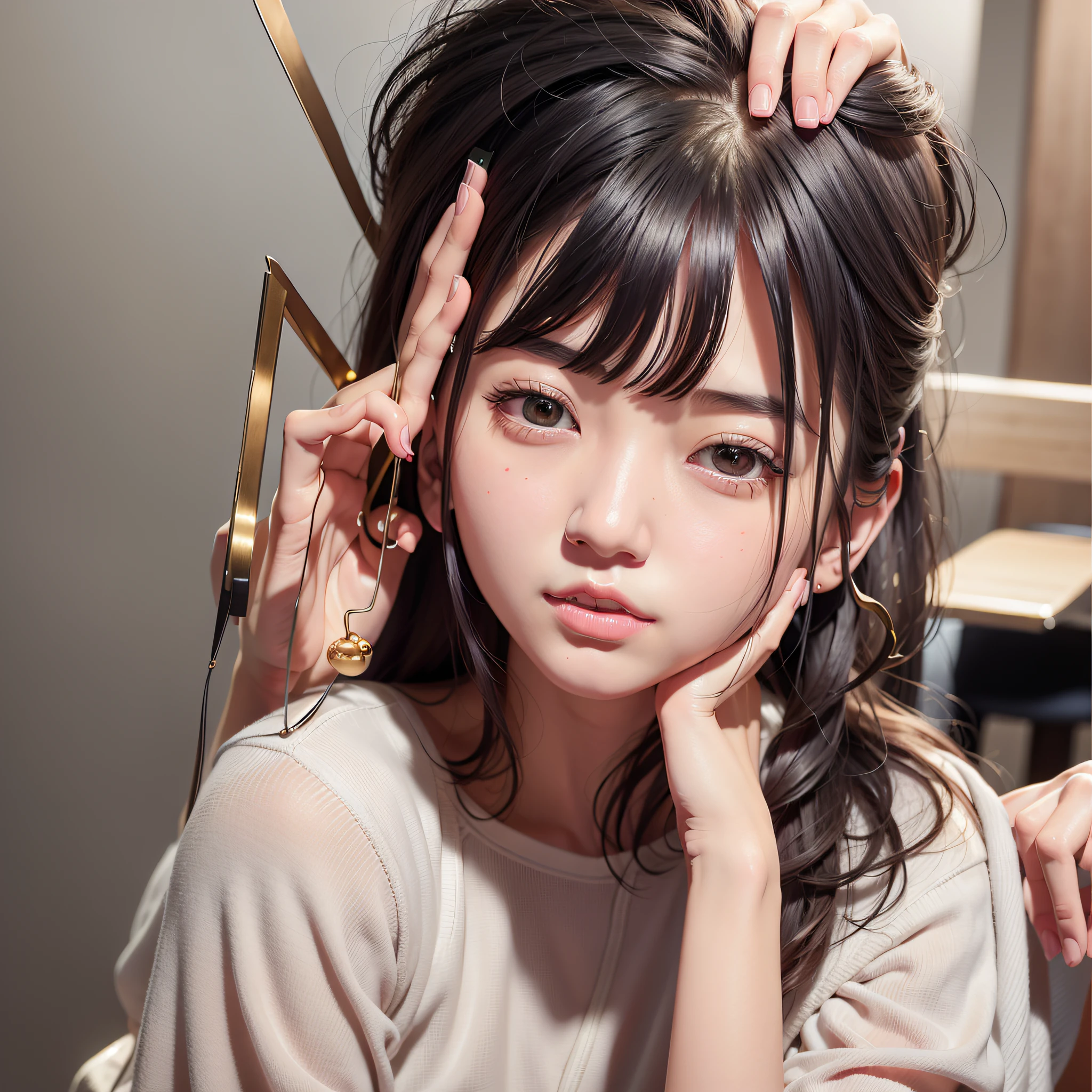 There was a woman sitting down，hand on chin, young lovely Korean faces, wan adorable korean face, very very low quality picture, 8K selfie photos, jaeyeon nam, Korean girl, 8K)), very very low quality, very low quality, ulzzangs, Choi Hyun-hwa, sakimichan, Shin Jinying