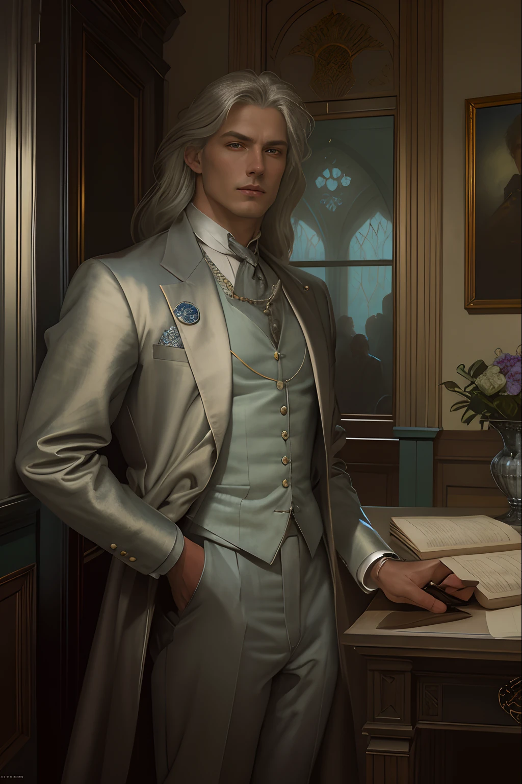 In the room is a man in a suit with a book, silver haired, castle interior, portrait of fin wildcloak, Tom Bagshaw Donato Giancola, style of charlie bowater, A worthy aristocrat, beautiful androgynous prince, Male artisan, Edmund Blair and Charlie Bauer, detailed character portrait, Portrait of Professor Sinister, casimir art