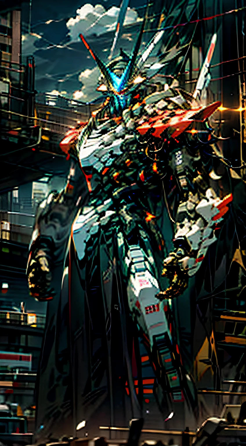 sky, clouds, holding_weapon, no_humans, glowing, a man standing on top of a building, his back to the viewer, looking into the distance, giant robot, building, ruins, glowing_eyes, mecha, science fiction, city, reality, mecha