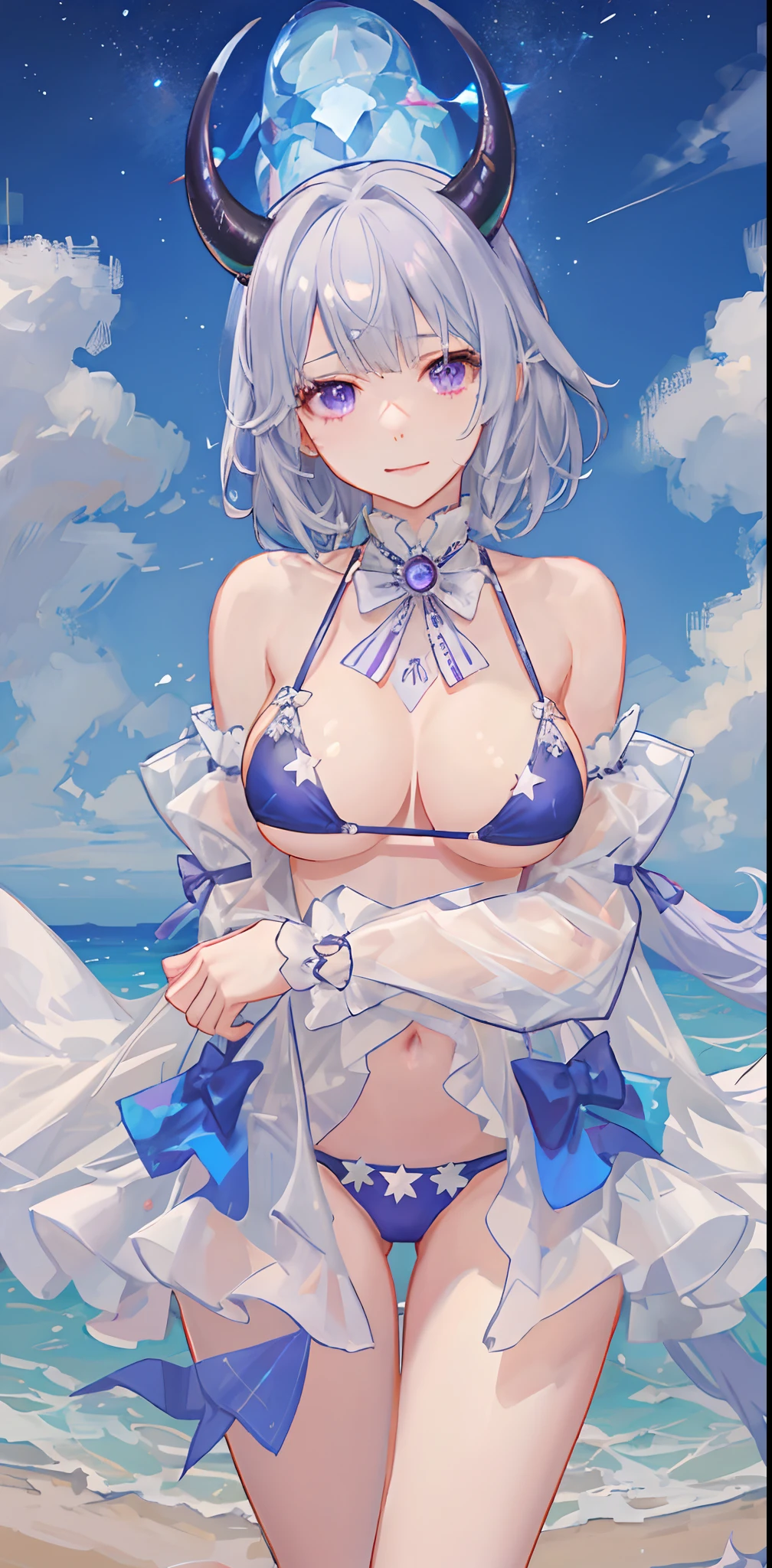 masterpiece, best quality, ultra-detailed, kawaii, cute, lovely, sexy, ero, extremely detailed, 4K, 8K, best quality, beautiful0, beautiful sky, magic circle, Starry sky, a cute girl, 1girl, solo, micro-bikini, beautiful silver hair, beautiful purple eyes, beautiful eyes, short hair, large breast, slim, slender, horn, ashamed