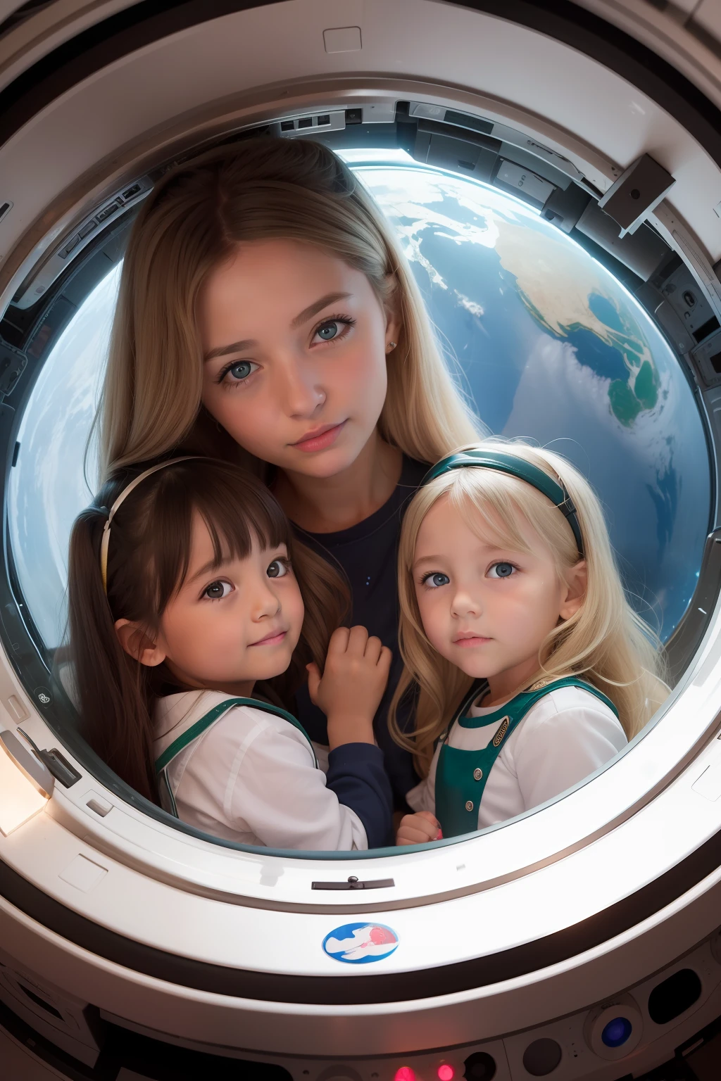 two  girls and a mother in a space station, a littlewith long blond hair, a little girl ong brown hair. Mom with long hair and dark green eyes