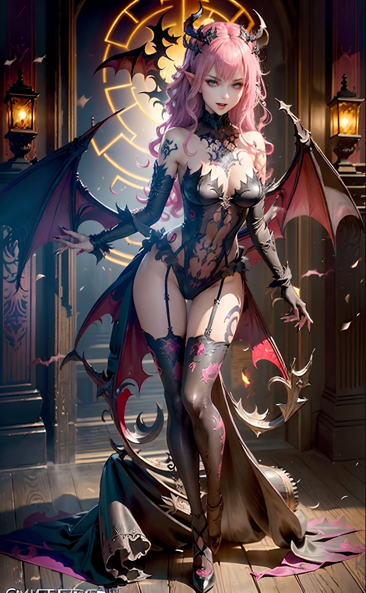 best quality, masterpiece,ultra detailed, official art,(extremely detailed CG unity 8k
wallpaper), (masterpiece), best quality, illustration, (powerful), art oflight, artist style, beautiful detailed star sky,(((bat print black kneehighs ))), (cygames:1.4), (dark flame:1.3), Japanese light novel cover, grand scene, dark bodysuit,((fullbody)),((succubus tail)),
(beautiful detailedgirl), (((solo))),(((full body))),wet skin, (((demon queen))),
metal, complex pattern, beautiful detailed hair,red luminous eyes, longeyelashes,
((constricted pupils)),pointy ears, slit pupils,silver long hair,beautiful collarbone , (purple tattoo), (tattoo on leg), tattoo on arm, luminous gem on chest,(demon heart tail),demon fang, pointy ears,
((purple long fingernails)),(bat decorate soft armor), ((bat decorate high heels)),giant bat wings,(fingerless_gloves), bat print black garter belt, (elbow_gloves),fang out, a group of bats, ((endured_face, open mouth, seductive smile, )),lingerie,
bat decorateanklet,bat decorate body,(presenting foot), (luminous tattoo),(queen),useing magical, (beautiful detalied hands), nfsw, (((pink steam from full body ))), ((2legs)) ,(standing:1.5),
