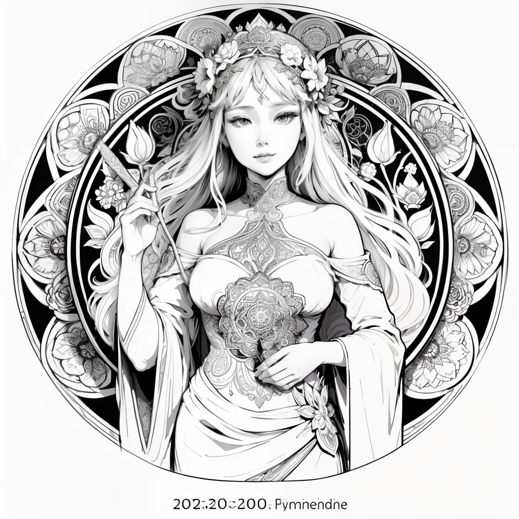Flowers and goddess, ploynesian, garden, art for coloring book page, full white background, only use outline, line art, coloring book, clean line art, mandala for coloring with nature ornaments, simple and clean line art, coloring book page, adorned in Art Nouveau style, with a stroke of Alfons Mucha's brush, perfect details, real.