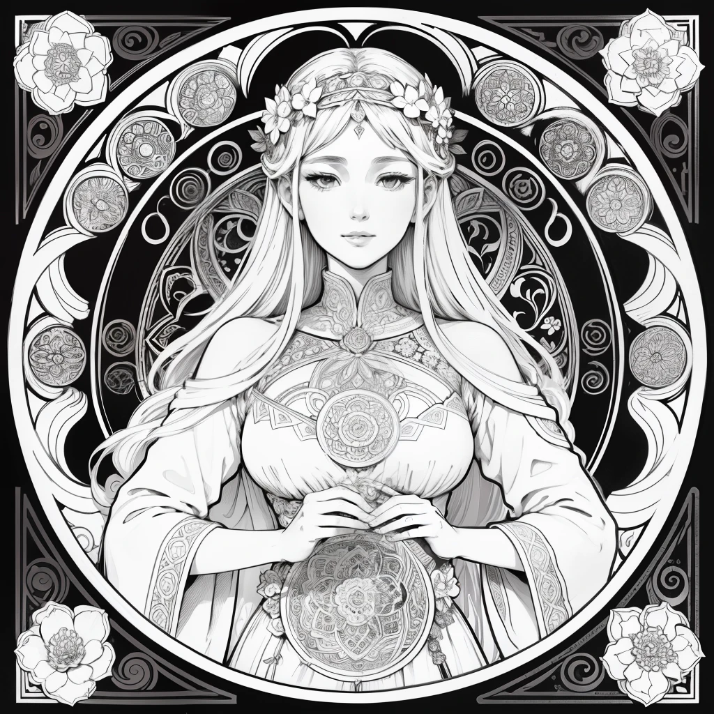 Flowers and goddess, ploynesian, garden, art for coloring book page, full white background, only use outline, line art, coloring book, clean line art, mandala for coloring with nature ornaments, simple and clean line art, coloring book page, adorned in Art Nouveau style, with a stroke of Alfons Mucha's brush, perfect details, real.