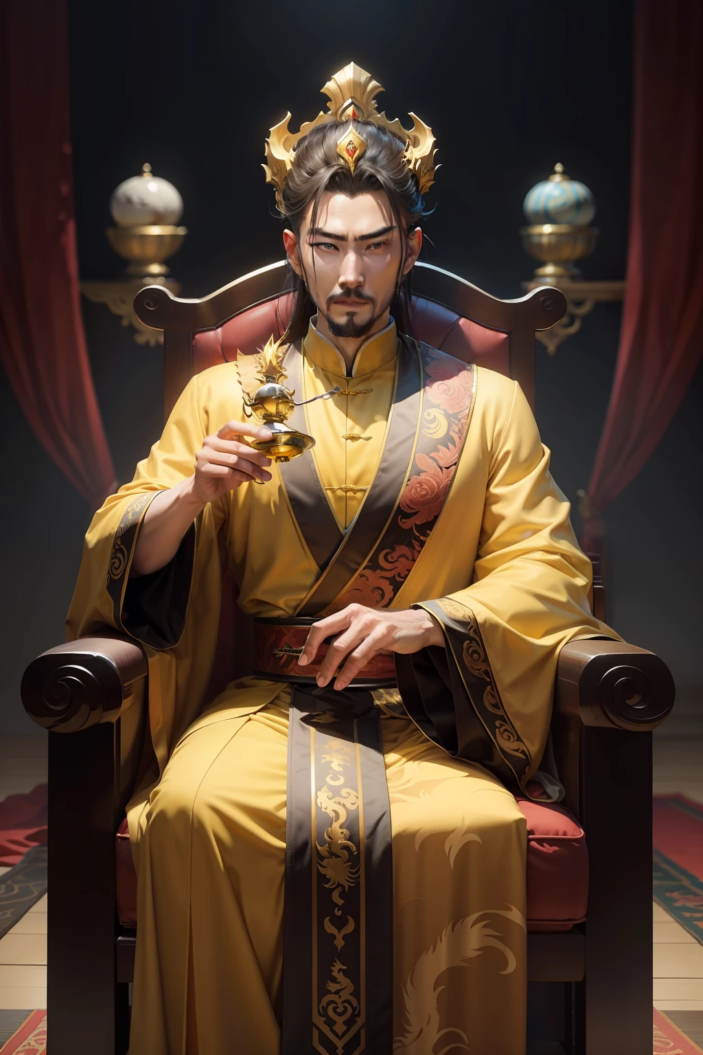 Yellow dragon robe，goatee，Emperor of the Ming Dynasty，Osa wing good crown，Dragon chair，Court