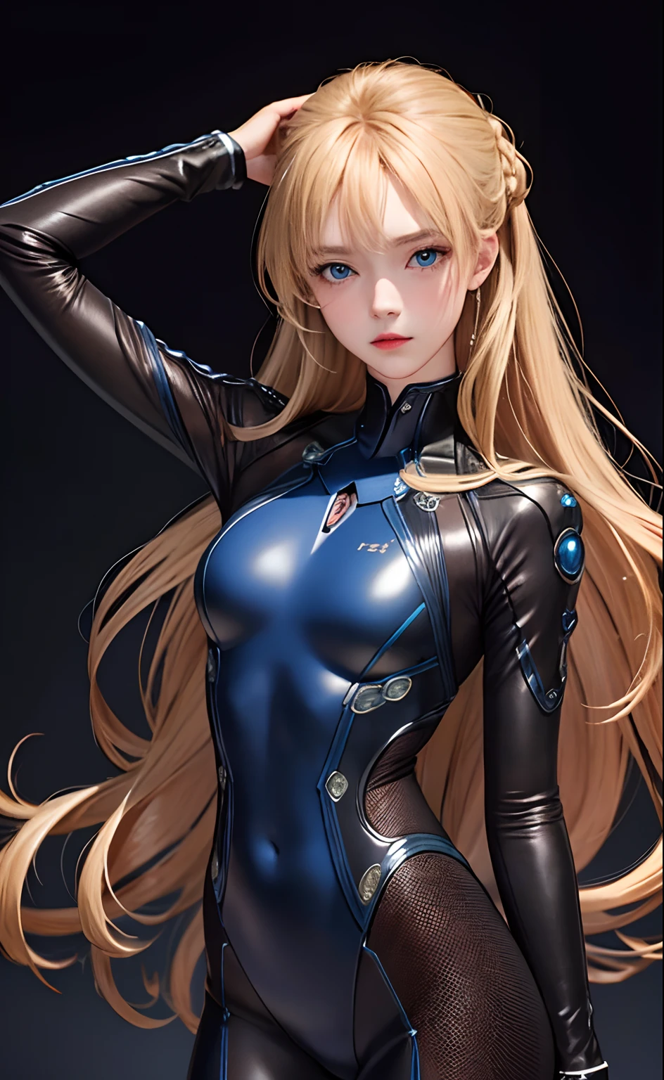 (Masterpiece: 1.4, top quality), (intricate details), Unity8k wallpaper, super detailed, beautiful and mysterious, detailed background, realistic, solo, perfect detail face, detailed blue eyes, very detailed, blush, hair ornament, chignon mahogany hair, (blonde hair), plug suit 02,Shikinami Asuka Langley, Evangelion, slender 15-year-old girl, full body suit, black background