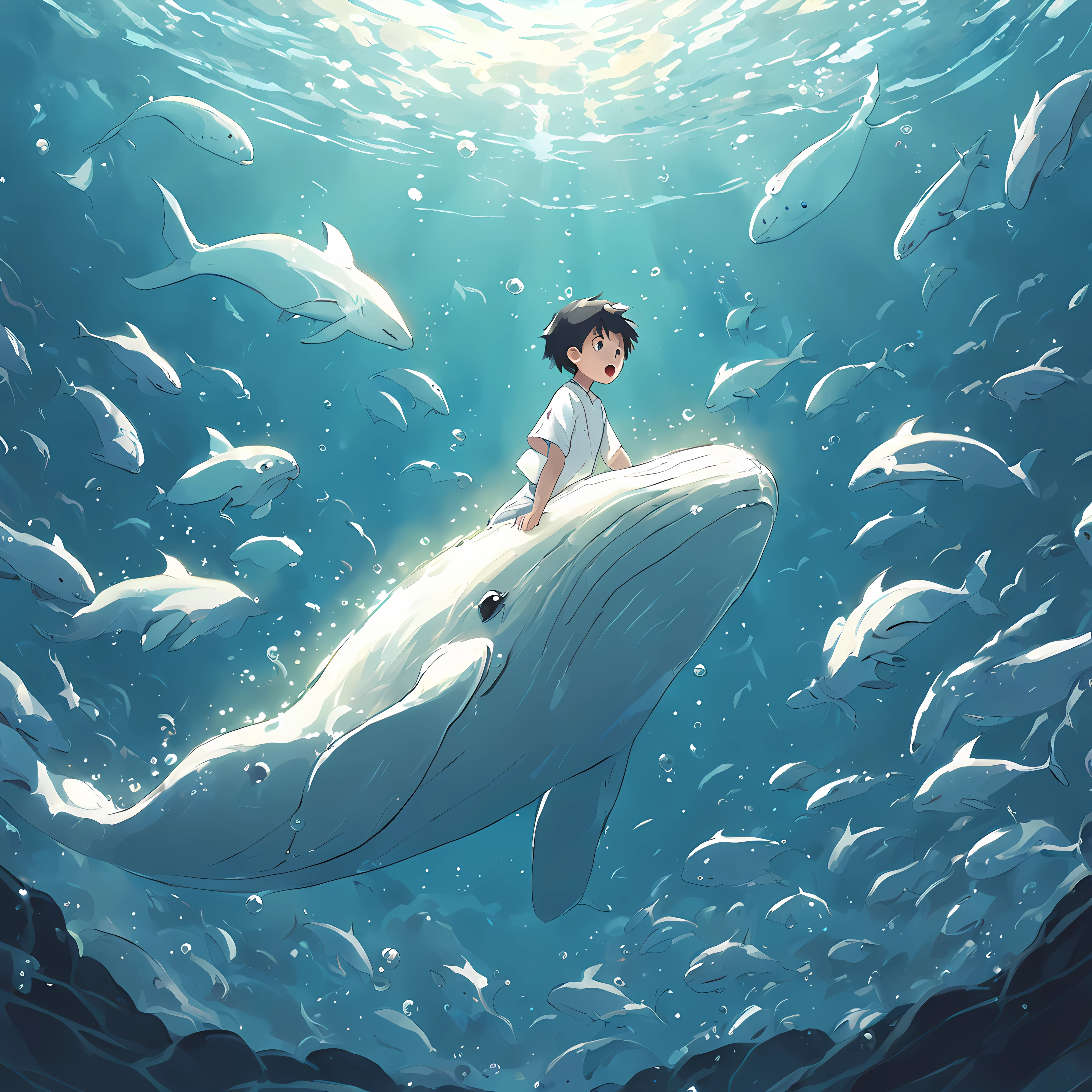 illustration：The boy in white swims with whales at the bottom of the sea，The surrounding bubbles slowly rise，Sunlight shines obliquely into the water。