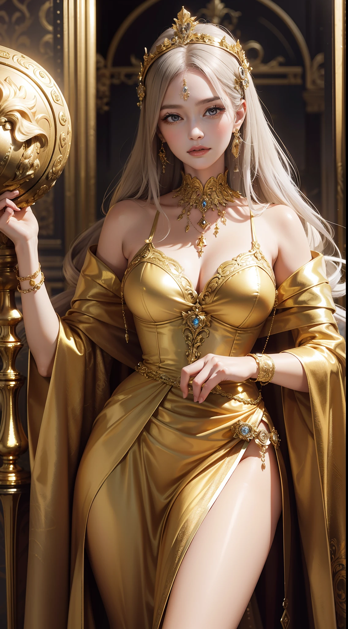 A woman in a golden dress,Baroque Valkyrie,Dreamy realism,glittery,Clothes made of gold and silver thread,Baroque court style