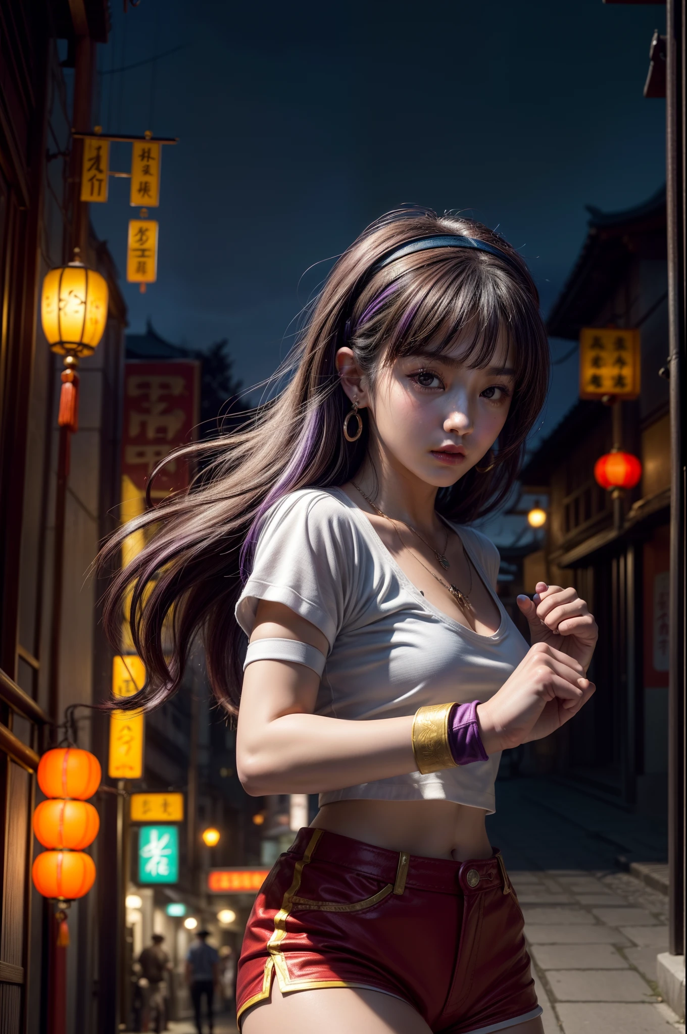 (masterpiece, extremery best quality:1.3), ((depth of field:)), absurdres, (ultra high res, extremery detailed CG, high resolution, realistic, ultra-detailed, Photo, hyperrealistic, ultra-realistic, hyper-detailed, cinematic atmosphere, 8k uhd, insanely detailed, trending on artstation, award-winning glamour photograph, highly detailed photo,top quality, best, official art, beautiful and aesthetic, highres:1.5), ((looking at viewer)), ((1girl)), ((solo)), (((aa1, purple hair, long hair, hairband, long hair, necklace, bike shorts, earrings, red dress, puffy short sleeves, white sleeves, wristband, fingerless gloves,serious, (blush:0.8), open hand, hold fists, fighting stance, Chinese Kung Fu, Kung Fu, Chinese Martial Arts, Martial Arts, Psycho-based power:1.7))), (((city, sidewalk, buildings, (night:1.5), city lights, neon lights, outdoors, cyberpunk, cozy, street background, Chinatown Street Scene, Hong Kong Street Scene, Japan Street Scene :1.6))), (young cute beautiful 18-year-old girl:1.2),(eye focus, face focus:1.1), (dutch angle, cowboy shot :1.5), (dynamic angle, dynamic pose :1.2), medium breasts, stunning innocent symmetry face, emotional, flat bangs, studio ghibli, (bloom, analog:1.2), (painting, digital painting, concept art, Oil Painting, illustration :1.1),golden hour, Classical art, canvas texture, Renaissance, Romanticism, Neoclassicism, delicate brushwork, fine detail, Color Palette, depth and contrast, Vibrant colors, (rich saturation:1.2), color harmony, vivid palette, complementary colors, {{{painted in the style of Abstract art}}}, concept-art, detail_face, line_sketch, design style, multi style, detail character, massive detail, Highly detailed, concept render,((extreme detailed,colorful,highest detailed,lomography, (analog photography:1.2), soft focus, light leaks, dreamy atmosphere, experimental charm, nostalgic appeal )), BREAK, (PureErosFace_V1:0.5), (ulzzang-6500:0.5), aespawinter, (kbxll:0.6), FilmG,