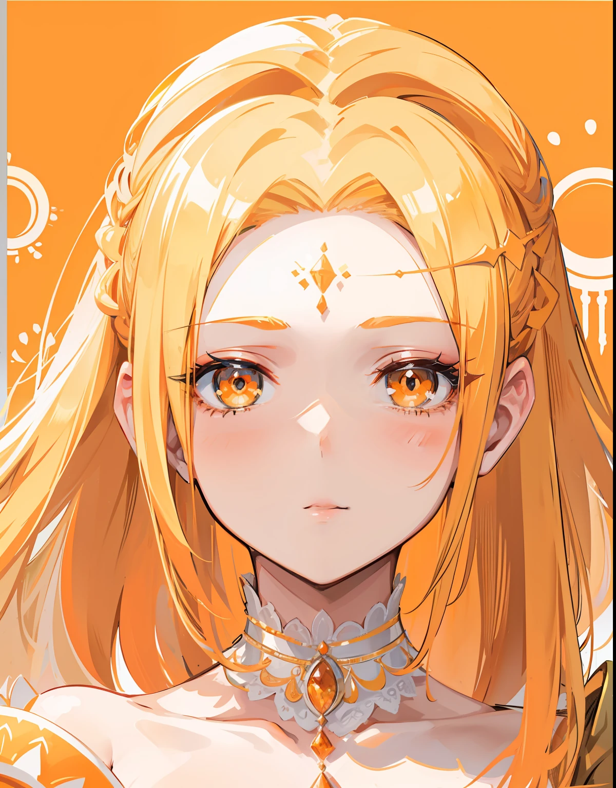 Blonde hair,Orange and white clothes,Exquisite makeup,Delicate and smooth suprathoracic area,A radiant-looking royal sister