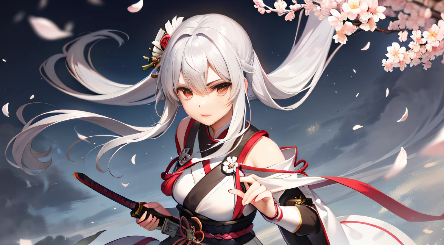Silvery hair,teens girl,samurais,Holding a reflective nikkaku,sakura flowers falling
