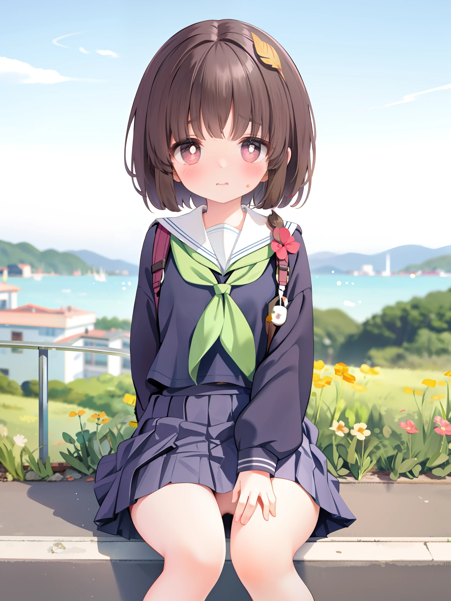 girl, Brown hair, Medium hair, Ultra-short sailor suit, (Naked:1.1),  (Blushing:1.0), Detailed face, Roadside, POV crouching，Expose the inside of your legs，Hands tied behind your back，The skirt is blown by the wind，transparent panty