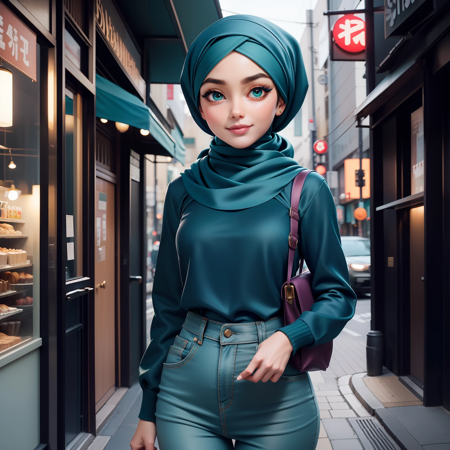 Quality image : (best quality), 8k_wallpaper, (((masterpiece))), (intricate art), Double exposure, award winning photography
Object : (((1girl))), high detailed face, beautiful symmetrical eyes, ((extremely detailed face)), (dynamic pose:1.0), solo focus, ((little smile)), centered, scale to fit dimensions.
Focus object : ((wearing the hijab does not show the hair, only the face is visible)), Clothing covers the whole body, except for the palms, Long dress to the ankles , yellow jacket, flowing dress, (eccentric style fashion with hijab does not show the hair). Stand gracefully at street.
Background : outdoors, ((night view)), (very pretty city neon, dark sky, thick clouds)