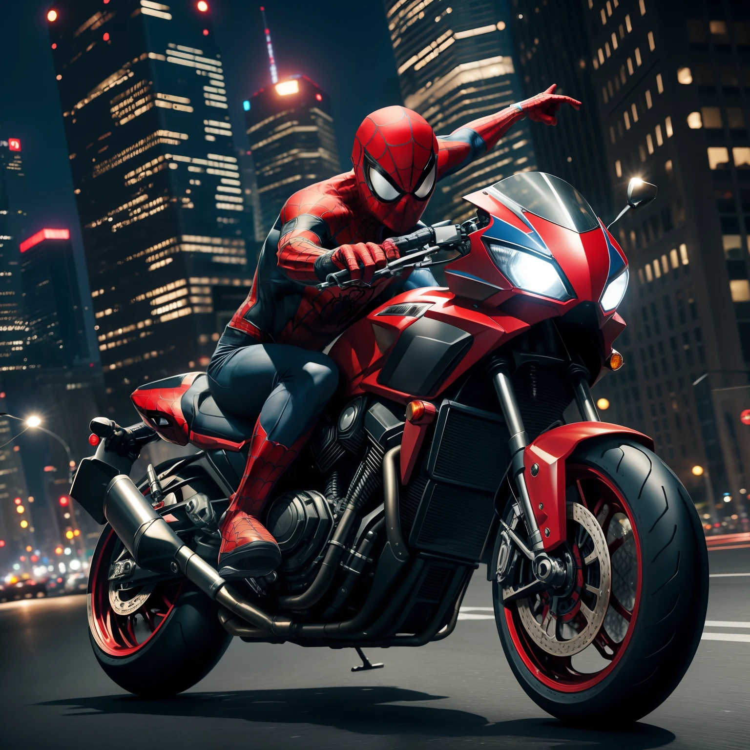 /create prompt:Spider-Man confidently riding a sleek Spider-Man-themed motorcycle through a dynamic cityscape, showcasing his agility and heroism in motion. The scene starts with Spider-Man donning his iconic suit and hopping onto the motorcycle, which features his signature red and blue colors and spider insignia. As he accelerates through the city streets, capture his agile maneuvers, fluid movements, and the wind ruffling his costume. Utilize fast-paced camera angles and cityscape backdrops to create a cinematic and exhilarating atmosphere. During his motorcycle ride, Spider-Man skillfully navigates through traffic, performs daring leaps over obstacles, and even uses his web-shooters to swing between buildings, seamlessly transitioning from motorcycle to web-swinging. As the sun sets, showcase the city's illuminated skyline, adding an extra layer of excitement.
