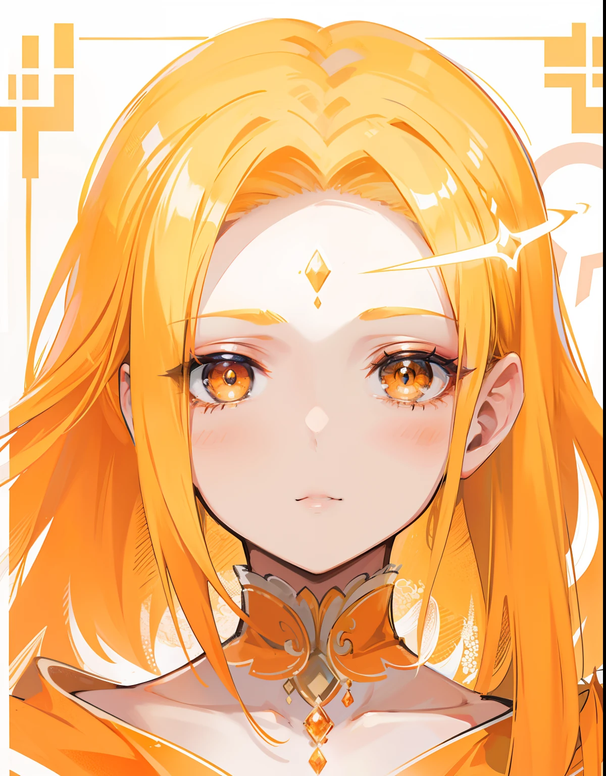 Blonde hair,Orange and white clothes,Exquisite makeup,Delicate and smooth suprathoracic area,A radiant-looking royal sister