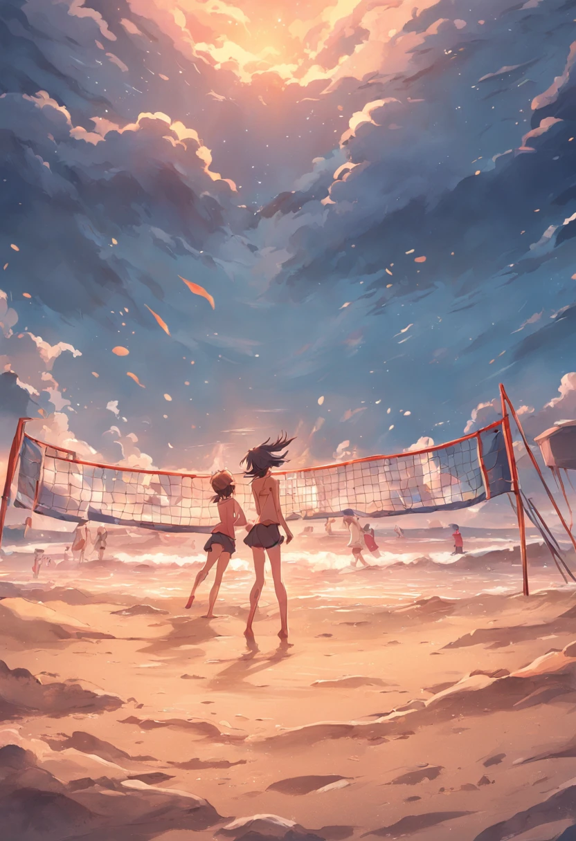 Beach volleyball，Background seaside，There are mountains by the sea