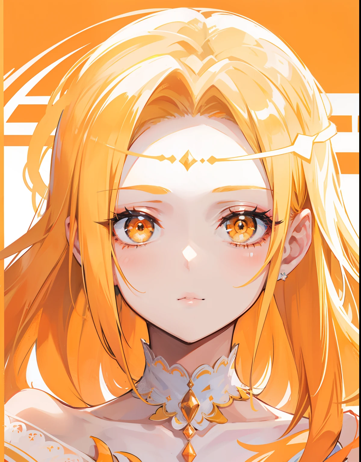 Blonde hair,Orange and white clothes,Exquisite makeup,Delicate and smooth suprathoracic area,A radiant-looking royal sister