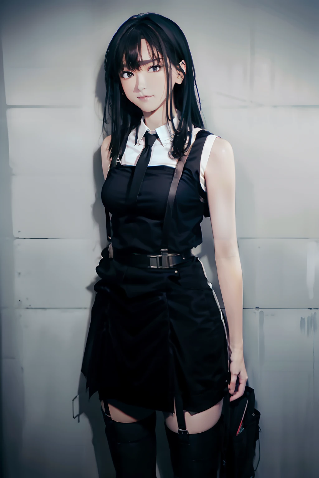 a black skirt, neck tie, Tank Tops suspenders, Long Black Hair, Gray eyes, holster, Garter belt on the legs, , Moderately breasts, Pichi Pichi clothes, both sides deadpan Behind