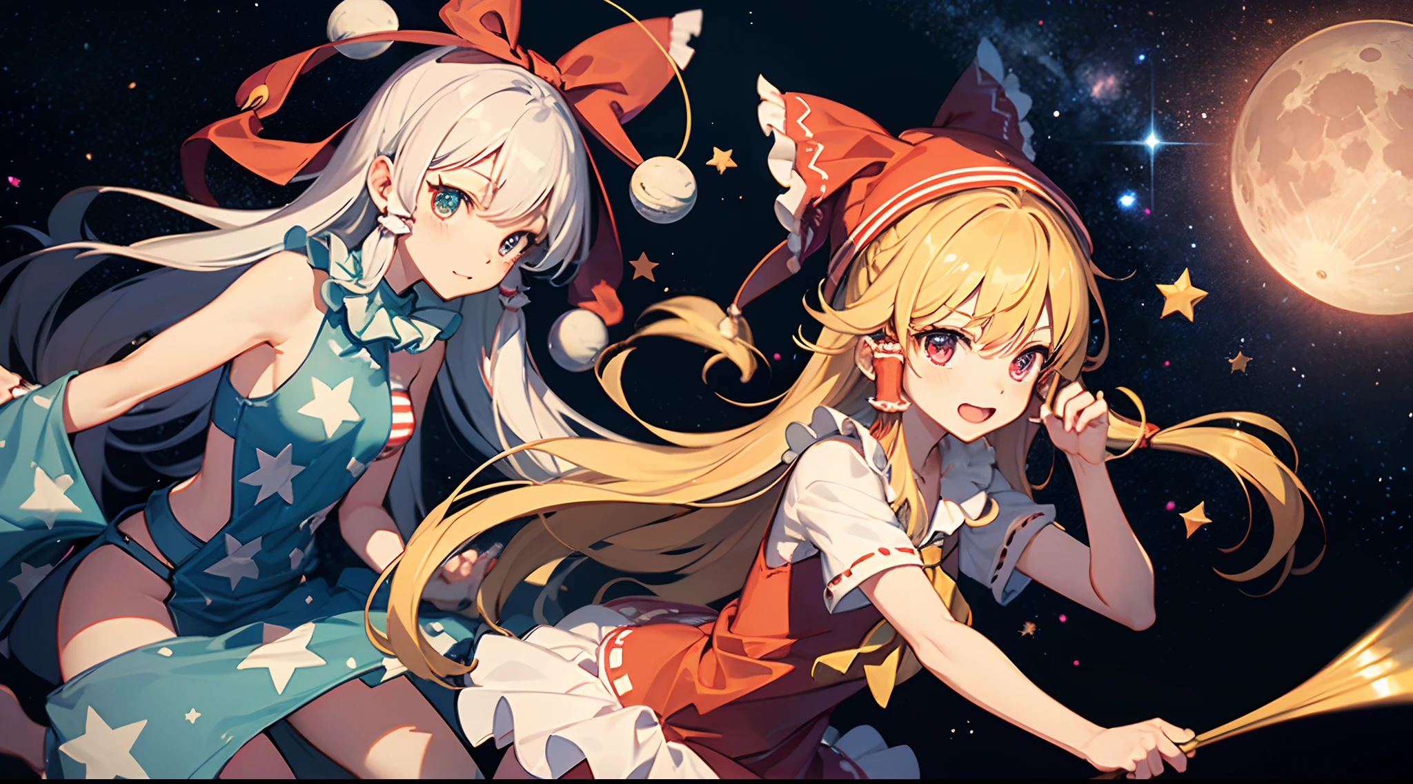 Clownpiece,Reimu Hakurei , Outer Space, Moon