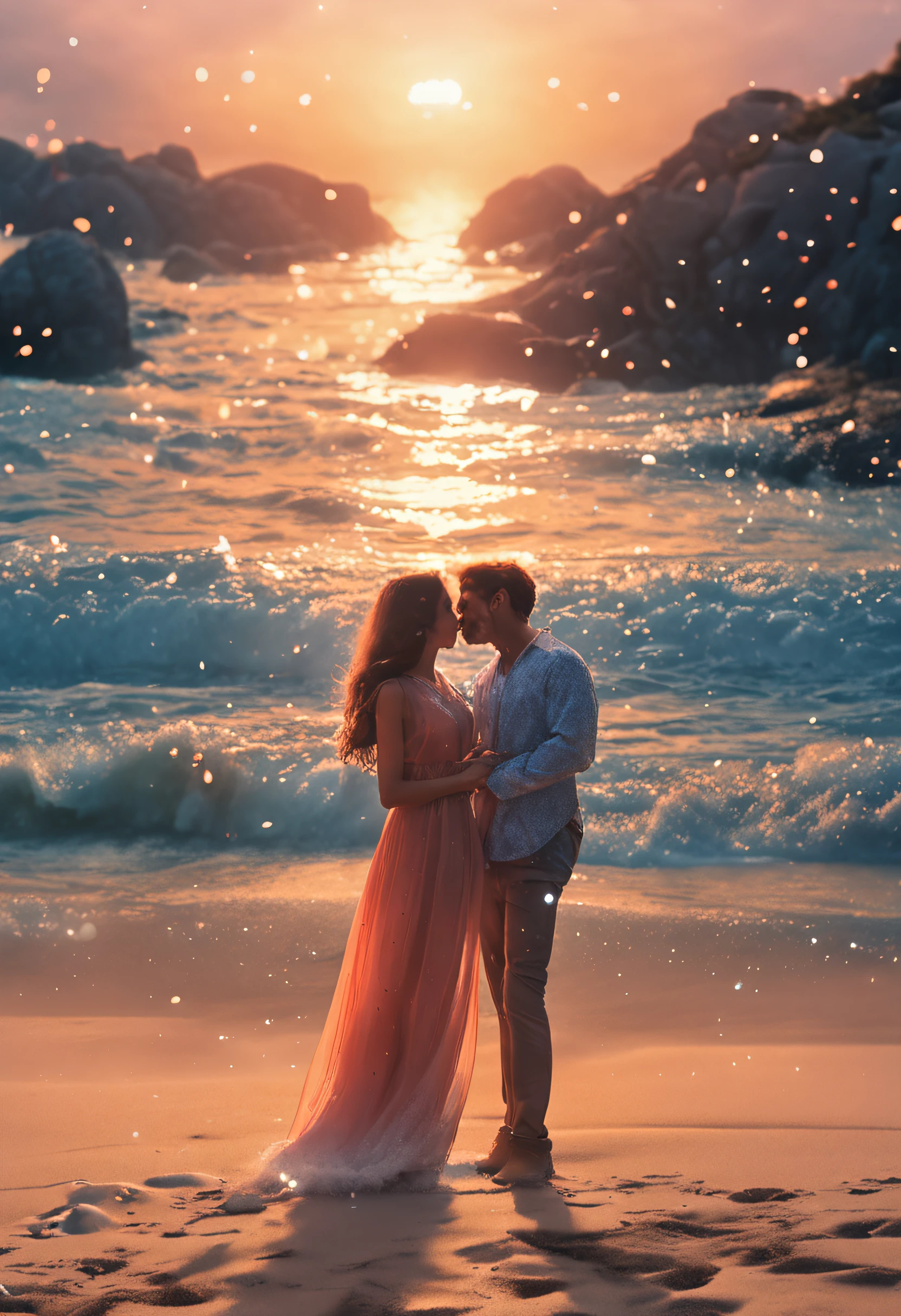 Romantic couple kissing in the wind，Boys and girls，glowing stars，Glow effects，Heart-shaped bubbles，the night，On a cruise ship，The face is clear and accurate，detail in face，super-fine，beachside，16K resolution，high qulity，电影灯光，High picture detail，dynamic viewing angle，Detailed pubic hair，Epic shooting，oc rendered