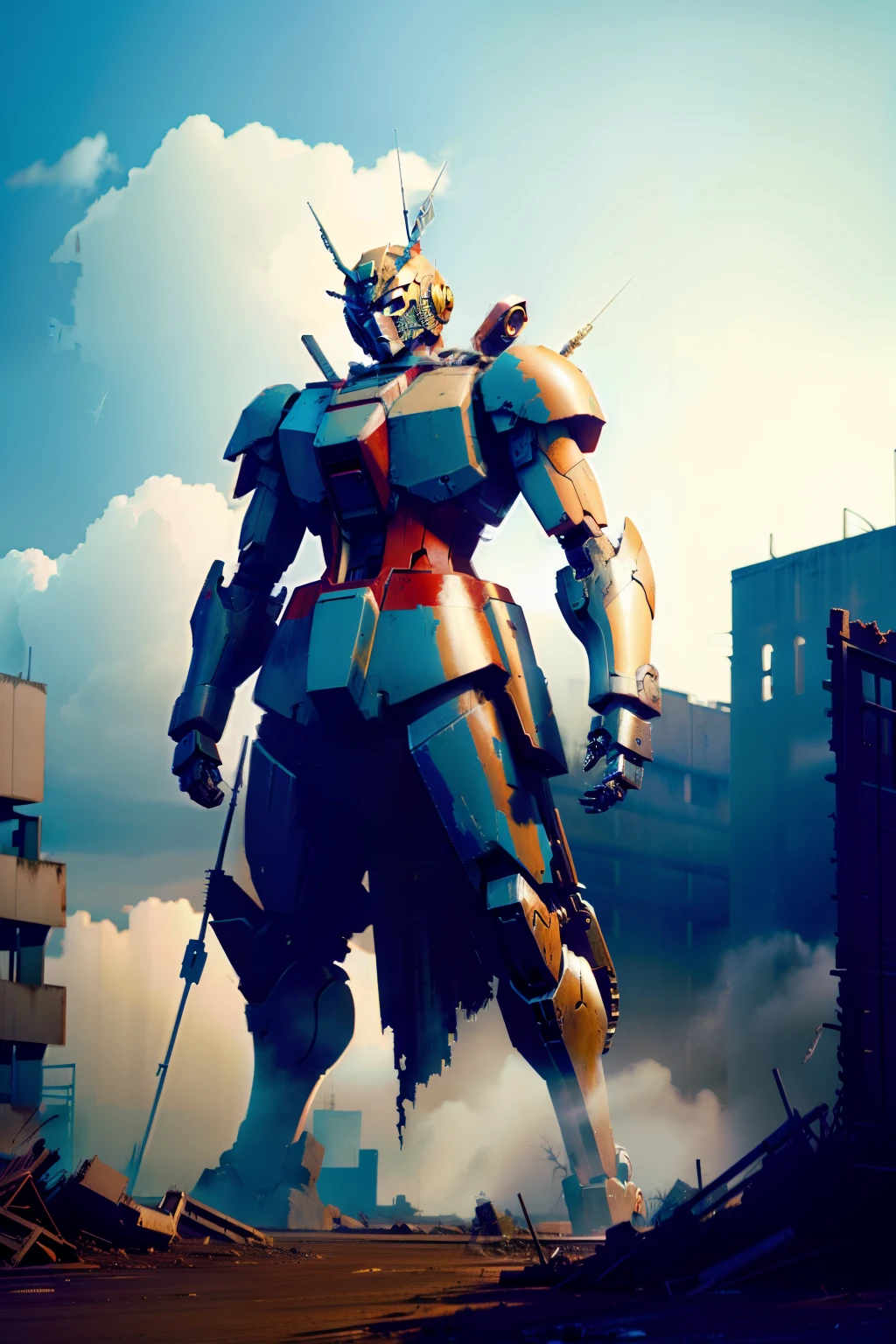 The broken Gundam is still standing, Guarding the last remaining humans under the ruins