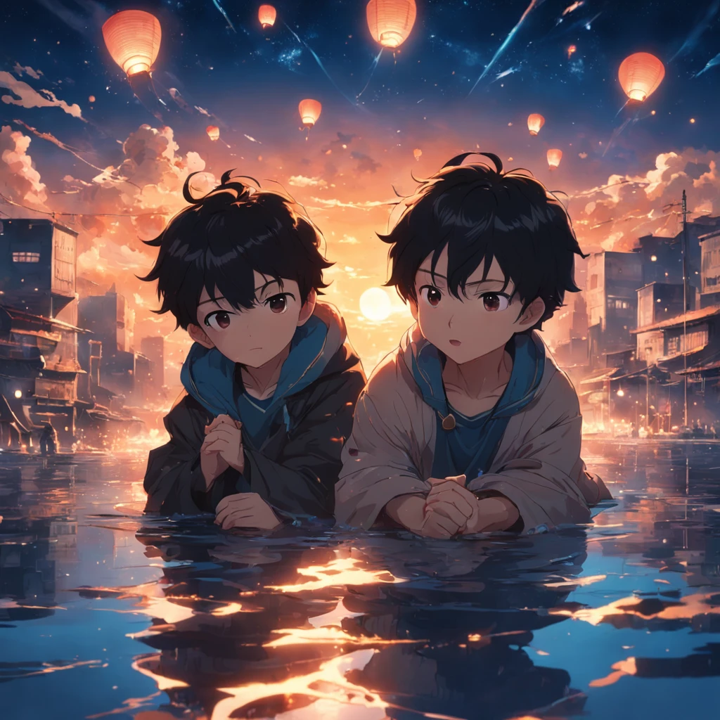 masterpiece, top-quality, film still, 1 year old, Boys' City, floating in sky, close-up, 发光, glad, Soft and warm lighting, Solar sunset, (sparks: 0,7)