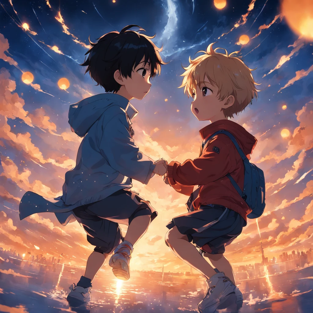 ​masterpiece, top-quality, film still, 1 year old, Boys' City, floating in sky, close-up, 发光, glad, Soft and warm lighting, Solar sunset, (sparks: 0,7)