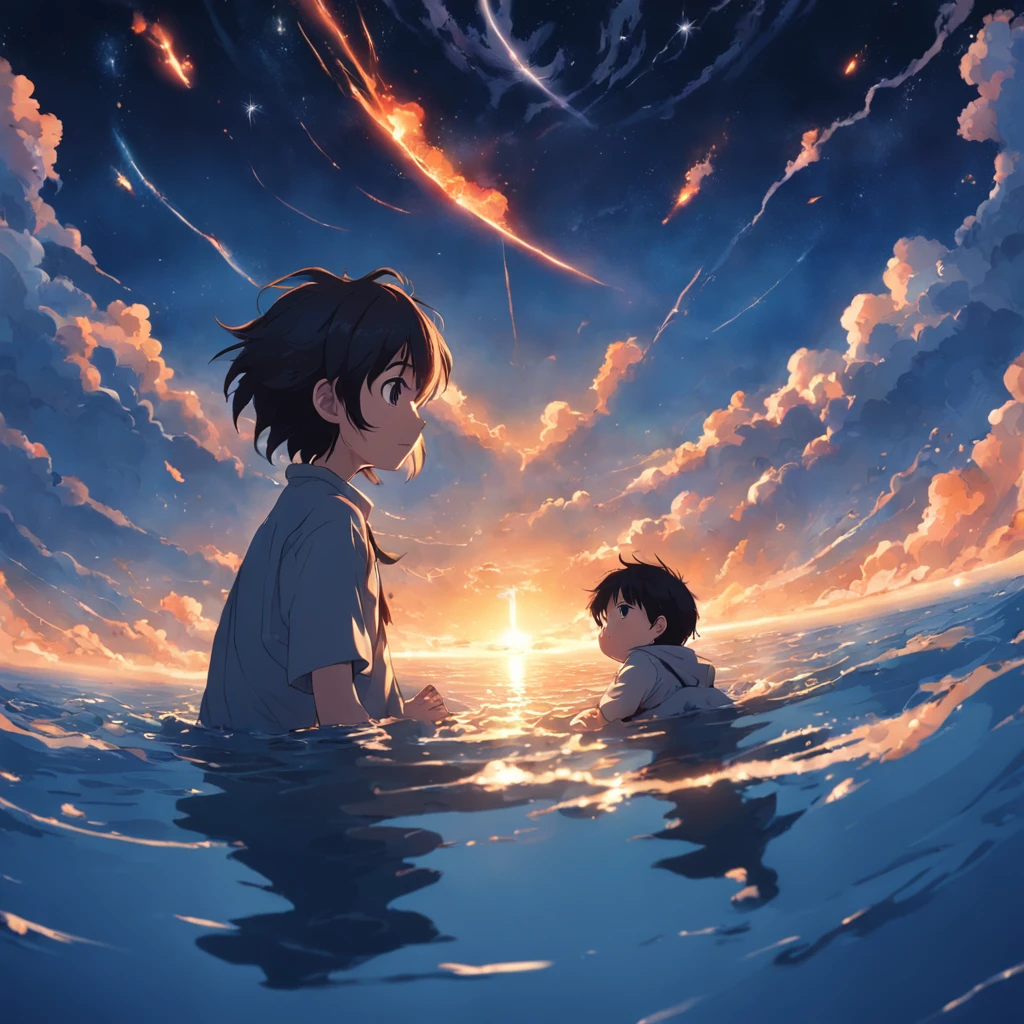 masterpiece, top-quality, film still, 1 year old, Boys' City, floating in sky, close-up, 发光, glad, Soft and warm lighting, Solar sunset, (sparks: 0,7)