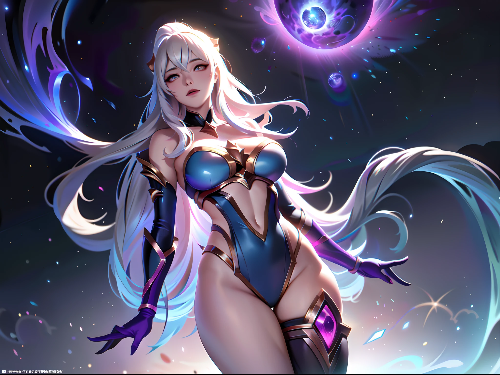 (League of Legends:1.5),Legendary skins,Astrid, the Graviton Slinger, is depicted in her splashart as a powerful and enigmatic force, wielding her gravitational manipulation abilities with mastery. The scene takes place in a celestial realm, where stars and cosmic energy illuminate the vastness of space.
Astrid possesses an otherworldly beauty, with flowing silver-white hair that seems to shimmer with the brilliance of distant stars. Her skin has a faint celestial glow, radiating with the power she commands. She wears a sleek, futuristic suit adorned with intricate patterns that resemble constellations and gravitational fields. The suit hugs her figure, emphasizing her strength and agility.
In the center of her palms, Astrid generates orbs of gravitational energy, each pulsating with vibrant hues of purple and blue. These energy orbs form the foundation for her gravitational abilities. Surrounding her, smaller orbs and filaments of energy spin and orbit, representing the gravitational fields she creates and manipulates.
Astrid's eyes emit an intense, piercing gaze, glowing with the same gravitational energy that courses through her. Her expression conveys both focus and determination, revealing her unwavering control over the forces she wields.
The backdrop of the splashart showcases the vast expanse of space, filled with distant galaxies and nebulae. Ethereal strands of gravitational energy weave through the cosmos, forming intricate patterns and connecting celestial bodies. The scene creates a sense of awe and wonder, as Astrid harnesses the fundamental forces of the universe.
The color palette is dominated by deep purples, blues, and blacks, reflecting the cosmic nature of Astrid's powers. The vibrant energy orbs stand out against the dark backdrop, adding a dynamic and captivating element to the splashart, splashart, linhas de corpo, cores vibrantes, detalhes requintados, cinemactic, artstation, rosto detalhado, por rossdraws, por Kienan Laf,