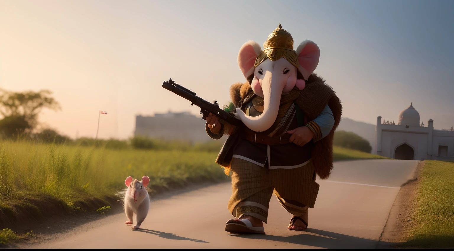 fluffy lord ganesha with small rat walking WITH INDIAN SOLDIER
