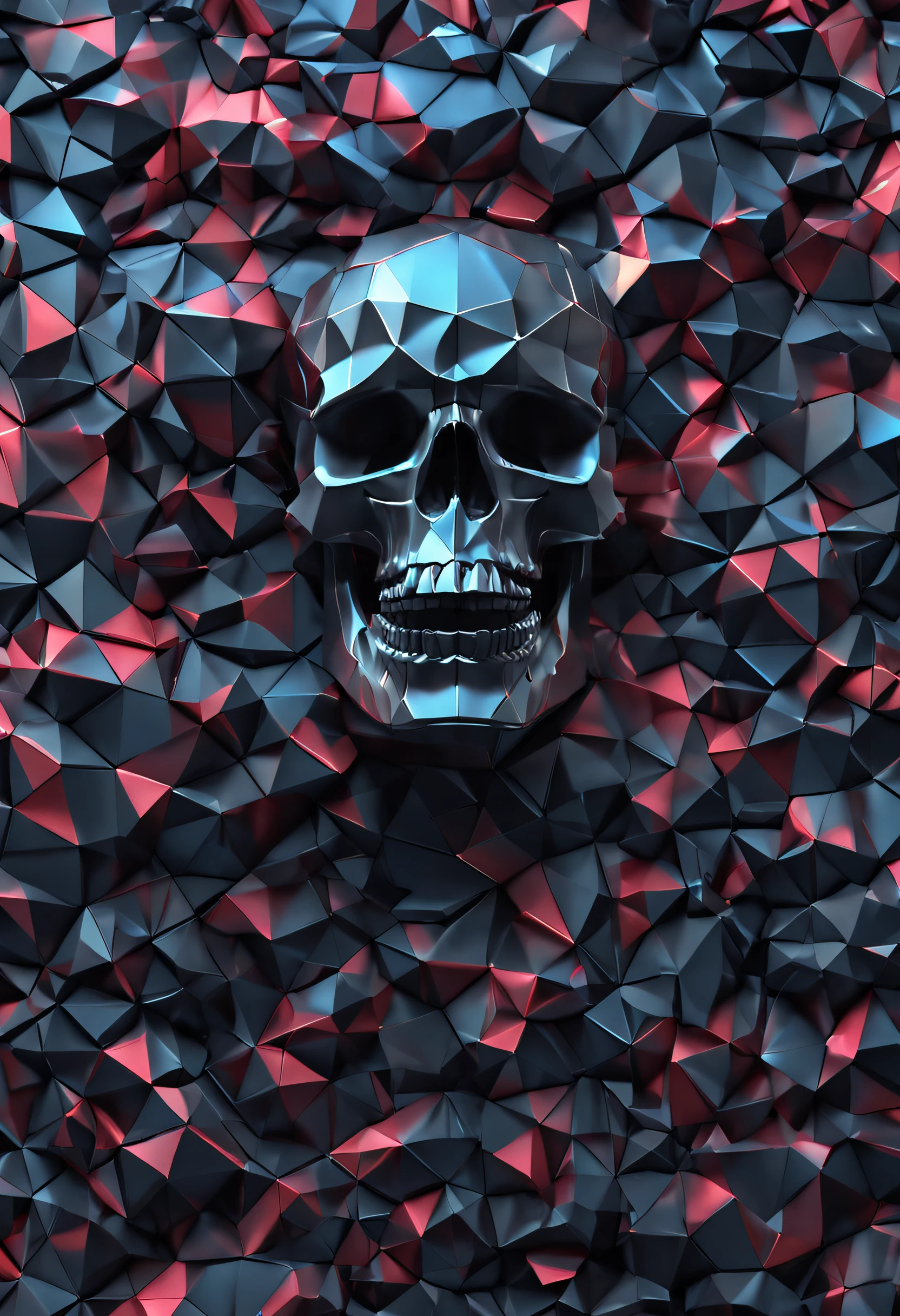 3d render, abstract black skull background, faceted texture, macro panorama, wide panoramic polygonal wallpaper, 4k high definition, realistic