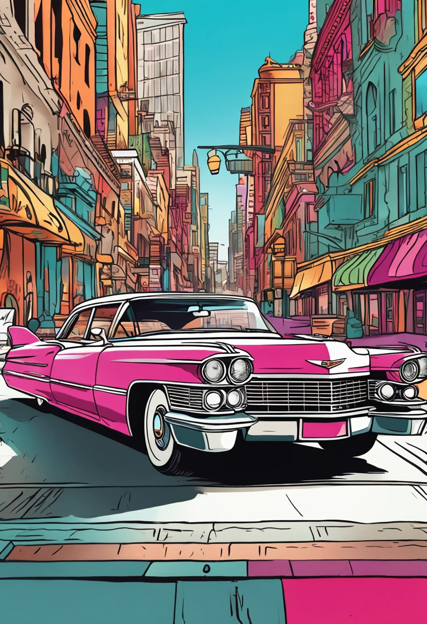 Classic Cadillac DeVille zoom out cruise down a glamorous city avenue colorful cartoon coloring book vibrant colors contrast zoom out unzoom
