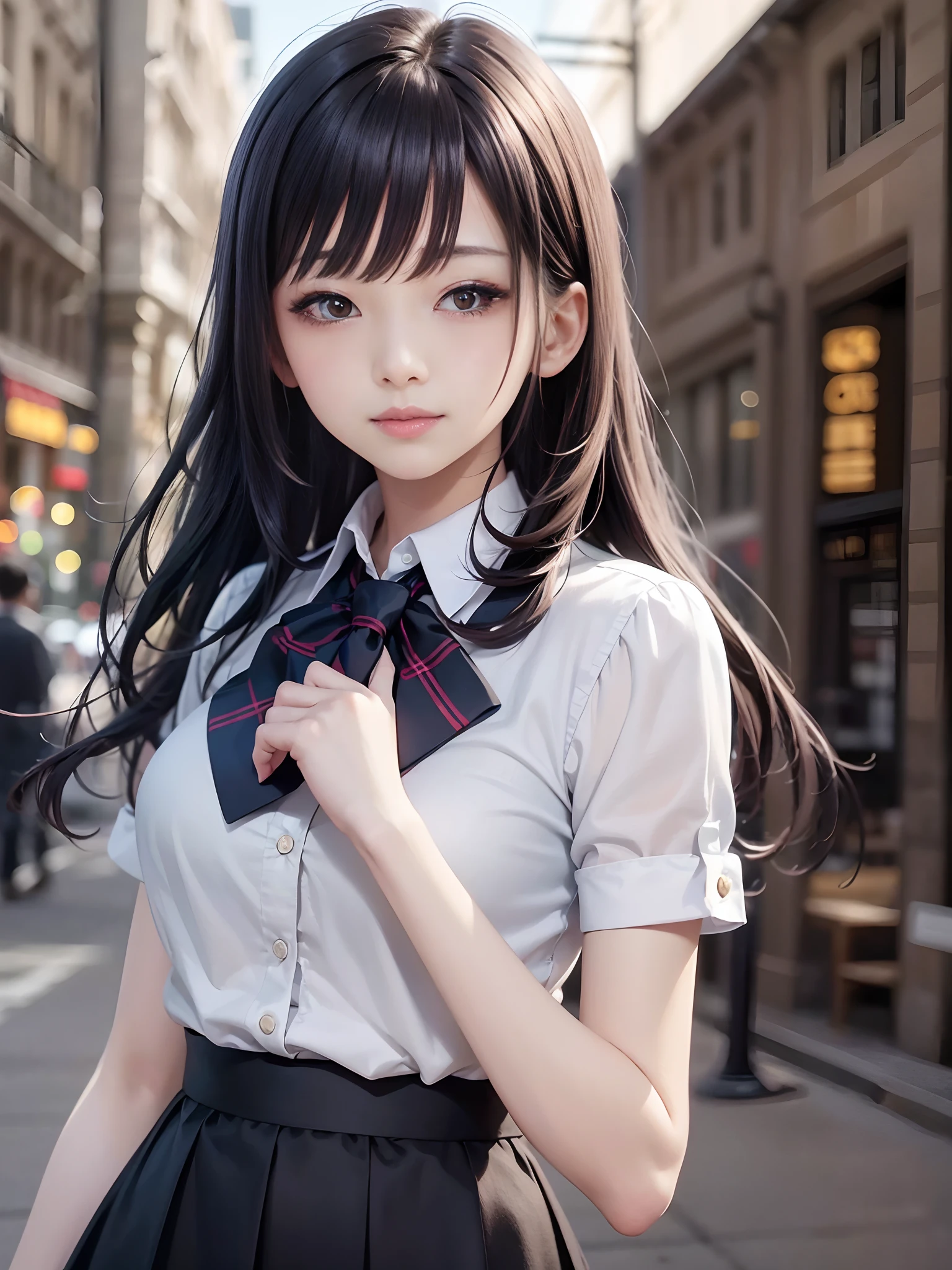 Masterpiece, top quality, official art, highly detailed CG Unity 8K wallpaper, like a schoolgirl, very delicate and beautiful, ultra high resolution, (photorealistic: 1.4), golden hour lighting, (upper body), (platinum shorthair: 0.8), (puffy eyes), looking at the viewer, facing the front, smiling, JK skirt, white dress, Shirt Lift Long Black Hair