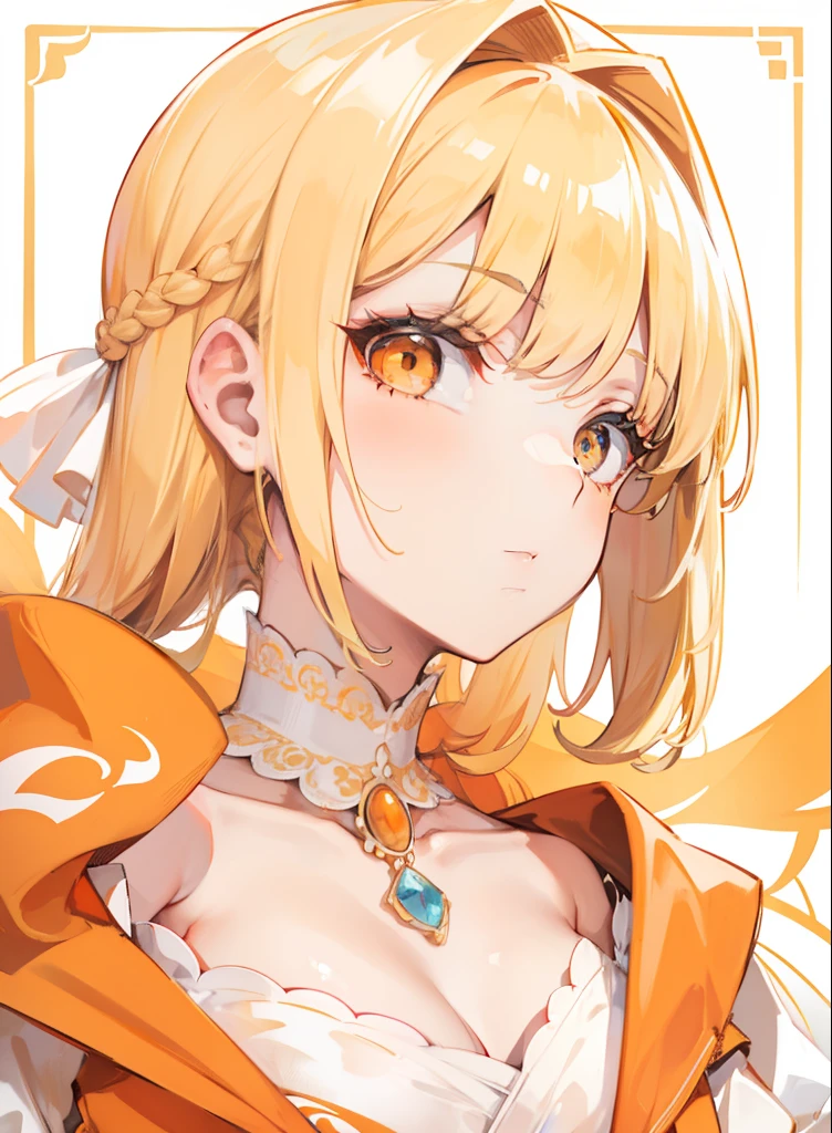 Blonde hair，Orange and white clothes，Exquisite makeup，Delicate and smooth suprathoracic area，Radiant royal sister