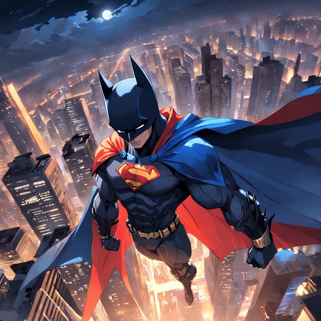 mtu,Rooftop,Batman clothes,Superman's cape,On the chest is a fusion version of the Superman logo and the Batman logo,rays of moonlight,nigth,Batman helmet