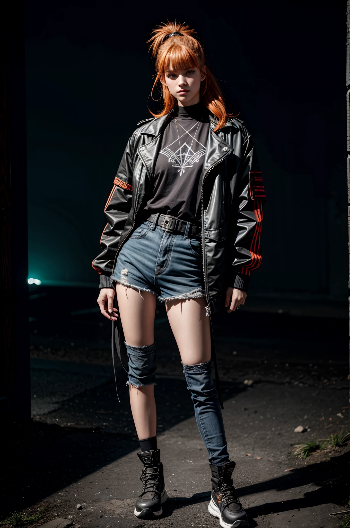 Sidecut hair, teenager, rock jacket, black clothing, orange hair, light background, full body, long hair, teenager, tribal tattoo, colorful parts, sketchbook, hand drawn hand, witch symbols, dark , bold, realistic sketch, sketch, mixing dark lines and loose lines, bold lines, on paper, turn on character sheet, human woman, green eyes, full body, imposing pose, lots of details, stylish outfit, witch symbols, runes , dark them , black shirt, beautiful, pretty, modest