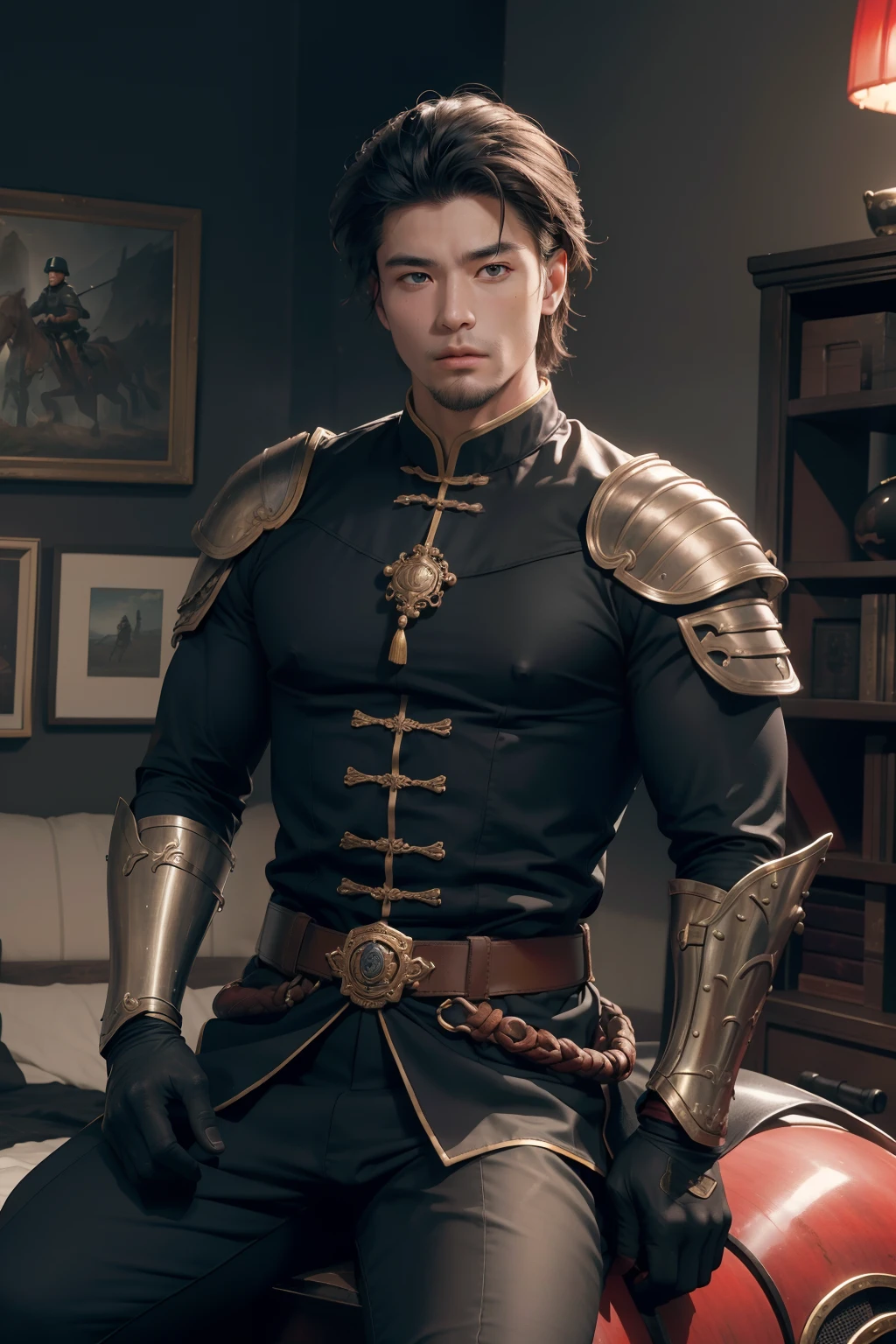 4K, Best quality, high resolucion:1.1), (Masterpiece:1.1), Un, (Homme chinois:1.2), Between two ages, guerrier, detailled eyes, poils du visage, musculaire, fort, courageux, courageux, puissant, honorable, disciplined, confiant, Regarder le spectateur, visage, Bracer, casque, armure, Arme de maintien, riding, cheval, noir, rouge,