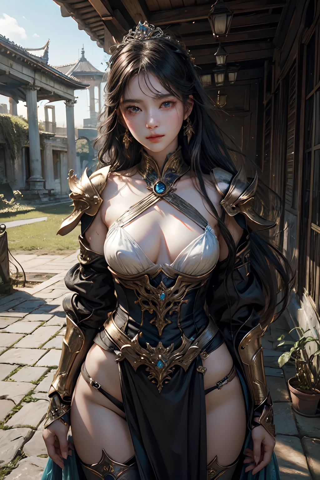 ulzzang -6500-v1.1,(Raw foto:1.2),((Photorealsitic:1.4)),top-quality,masterpiece, illustratio, extremely delicate and beautiful, extremely details CG,Unity,8k wallpaper, astonishing、finely detail, Official art,absurderes, Incredibly ridiculous, huge filesize, ultra-detailliert, hight resolution, (Raw photo, Best Quality, Mastery:1.2), (Realistic, Photorealsitic:1.4), (masuter piece:1.4), (Best Quality:1.4), 1girll, Solo,Clean face, 详细的脸, (The most beautiful face:1.5)、(The cutest face:1.5)、perfectly proportions, A slight smil, Beautiful goddess with perfect body shape、Goddess of battle, Wear armor、waist shot, (NSFW), The background is ruins、blur backgroun、Ruins after modern warfare、natta、murky、Make everyone happy!,