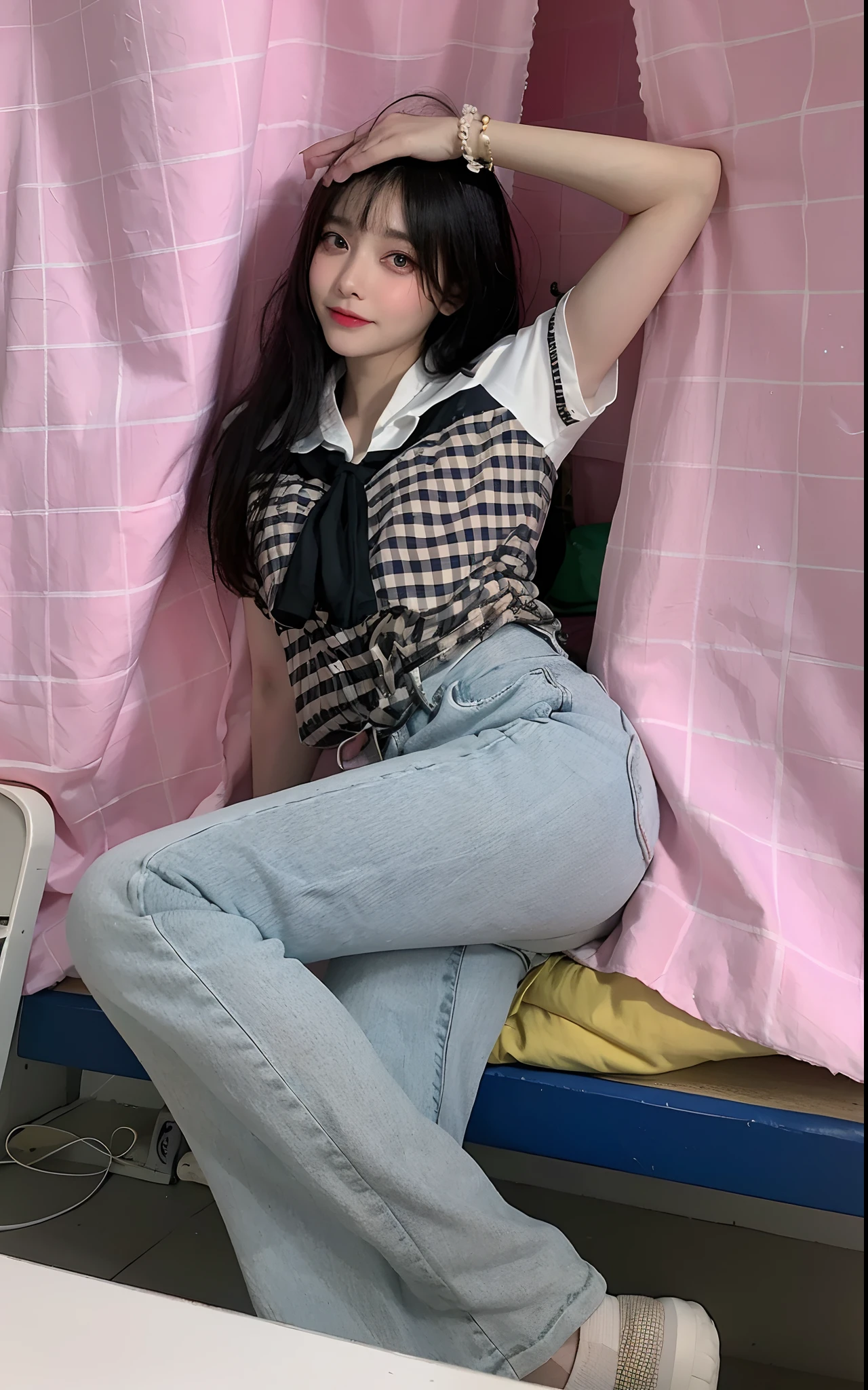 Top quality, Masterpiece, 超高分辨率, (Realistic, : 1.4), Original photo, (True skin texture: 1.3), (filmgrain: 1.3), in a panoramic view, Portrait, Very wide lens, Narrow waist, cowboy lens, (bangs, Inconspicuous, Cold light,) Night, Close-up, Tears, Short hair, neck long, ears sticking out, bangs, Big eyes, Brightly Colored Eyes, In the house, Dust, Tindall effect, (Facial expression), Sitting, (hitting a wall), Crying, Frowning, (Looking down), Nervousness, Tears, smiling happily
one girl, eyes and face with beautiful details, White jabot, pink dark V, Brown eyes,