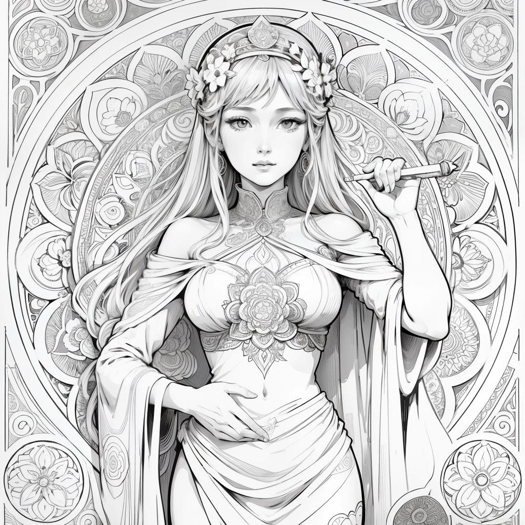 Flowers and goddess, ploynesian, garden, art for coloring book page, full white background, only use outline, line art, coloring book, clean line art, mandala for coloring with nature ornaments, simple and clean line art, coloring book page, adorned in Art Nouveau style, with a stroke of Alfons Mucha's brush, perfect details, real.