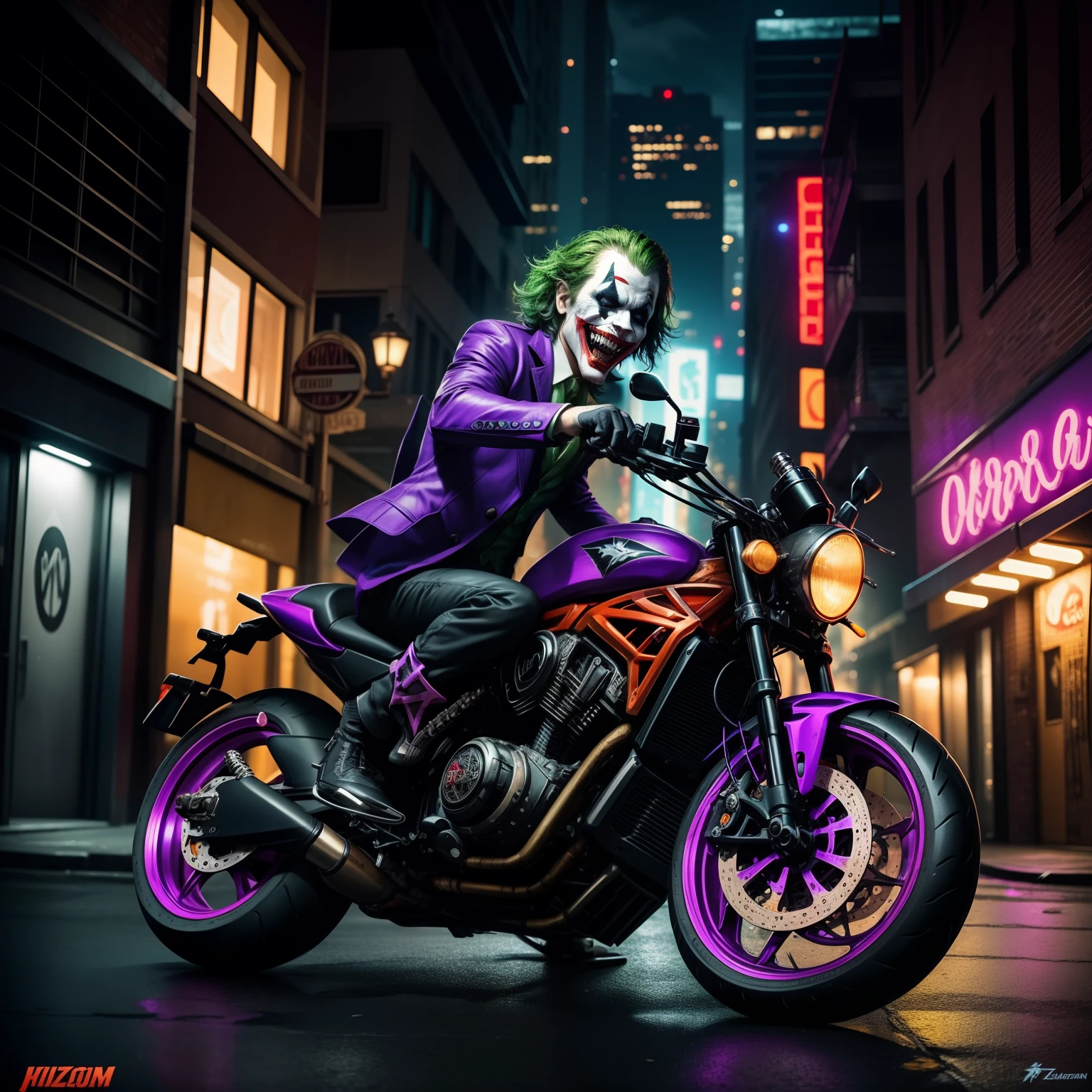 /create prompt:The Joker riding a flamboyant and chaotic Joker-themed motorcycle through the twisted streets of Gotham City, embodying his unpredictable and wild nature. The scene begins with the Joker clad in his eccentric attire, mounting his motorcycle adorned with vibrant colors, chaotic patterns, and sinister decorations. As he revs the engine, capture his maniacal laughter and the mayhem he leaves in his wake. Utilize dynamic camera angles and darkly lit cityscapes to create a cinematic and intense atmosphere. During his motorcycle ride, the Joker performs daring stunts, zigzags through alleyways, and showcases his reckless disregard for order. He leaves his signature graffiti and symbols on buildings, further highlighting his chaotic presence. As the moonlight illuminates the city, the Joker's motorcycle creates a trail of madness and destruction.