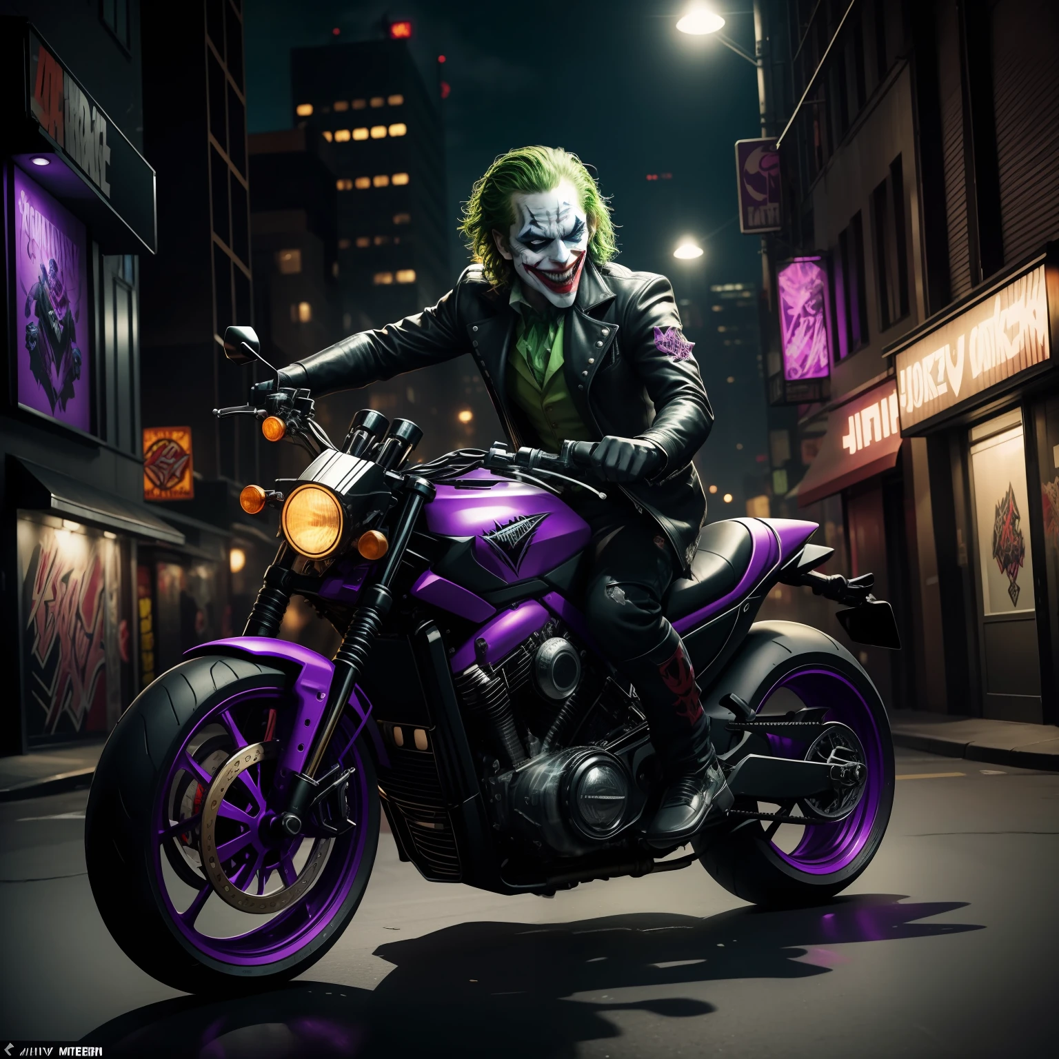 /create prompt:The Joker riding a flamboyant and chaotic Joker-themed motorcycle through the twisted streets of Gotham City, embodying his unpredictable and wild nature. The scene begins with the Joker clad in his eccentric attire, mounting his motorcycle adorned with vibrant colors, chaotic patterns, and sinister decorations. As he revs the engine, capture his maniacal laughter and the mayhem he leaves in his wake. Utilize dynamic camera angles and darkly lit cityscapes to create a cinematic and intense atmosphere. During his motorcycle ride, the Joker performs daring stunts, zigzags through alleyways, and showcases his reckless disregard for order. He leaves his signature graffiti and symbols on buildings, further highlighting his chaotic presence. As the moonlight illuminates the city, the Joker's motorcycle creates a trail of madness and destruction.