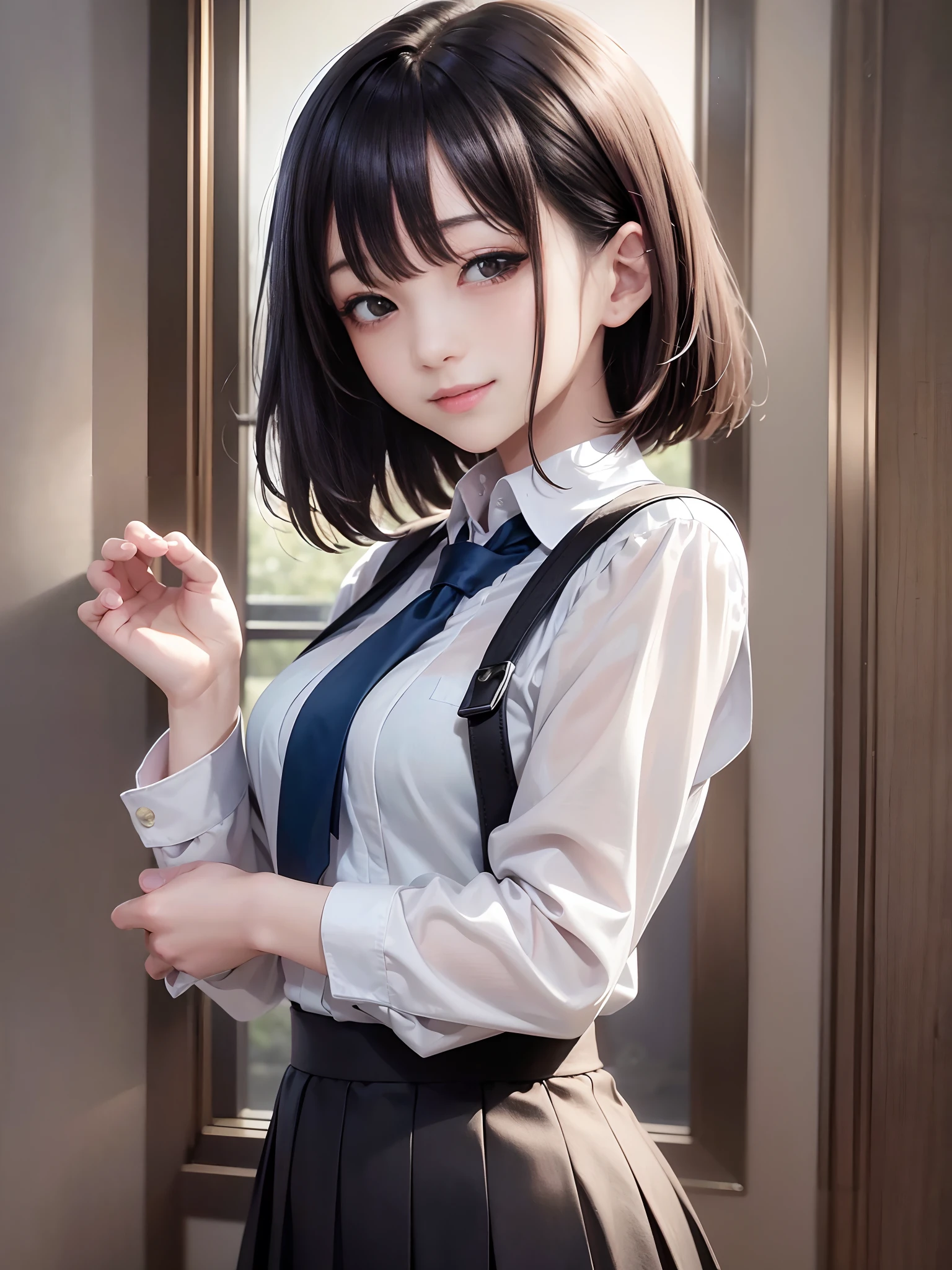 Masterpiece, top quality, official art, highly detailed CG Unity 8K wallpaper, like a girl, very delicate and beautiful, ultra high resolution, (photorealistic: 1.4), golden hour lighting, (upper body), (platinum shorthair: 0.8), (puffy eyes), looking at the viewer, facing the front, smiling, JK skirt, white dress, Shirt Lift Long Black Hair