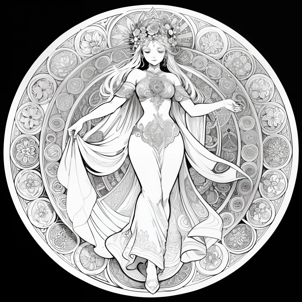 Flowers and goddess, ploynesian, garden, art for coloring book page, full white background, only use outline, line art, coloring book, clean line art, mandala for coloring with nature ornaments, simple and clean line art, coloring book page, adorned in Art Nouveau style, with a stroke of Alfons Mucha's brush, perfect details, real.