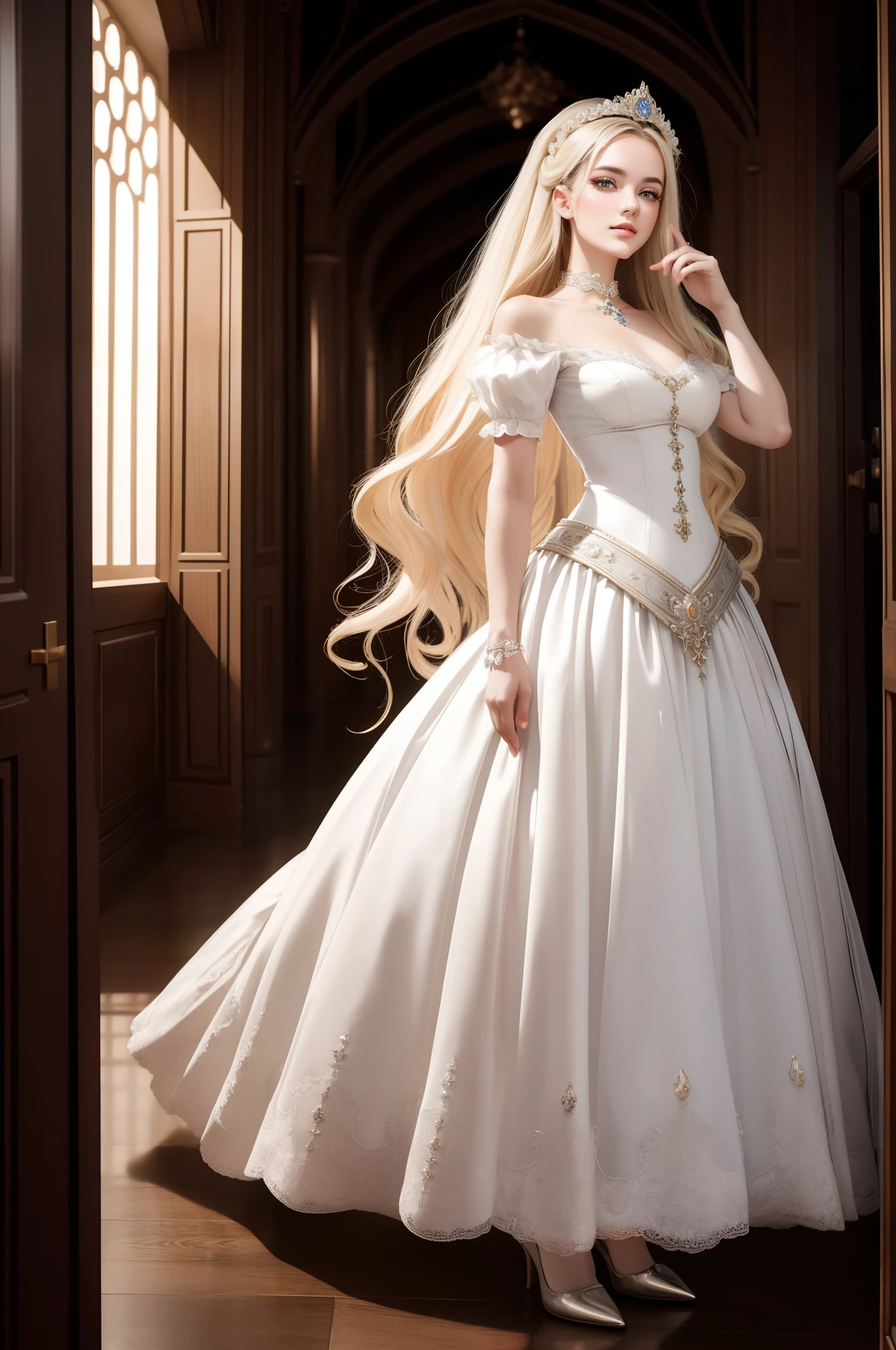 Full body、((top-quality、​masterpiece、8K))、Beauty 1 person、delicate and beautiful face、extremely detailed eye and face、beatiful detailed eyes、18year old、（Luxurious dresses like Marie Antoinette）、Beautiful long hair、Elegant smile、（Luxurious and glittering dance party in medieval European style）、ornate headdress、Pedras preciosas、Luxury accessories、European-style castle、Cinematic lighting、Textured skin、Super Detail、high detailing、High quality、hight resolution、Looking at Viewer、Medieval European style、Pedras preciosas