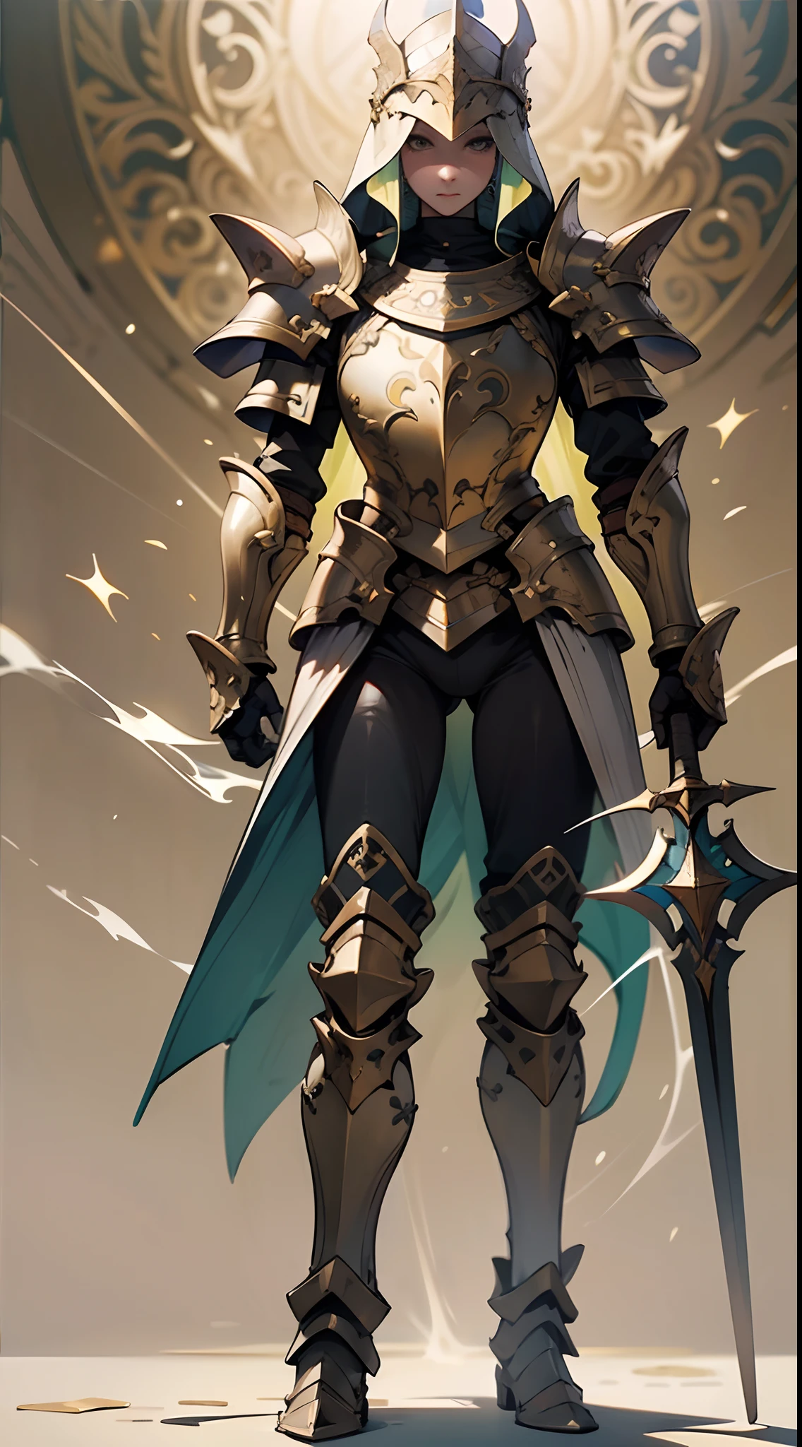 Game character design,holy paladin,Quaint and heavy armor wraps the entire body,shelmet,Holding a stout and ornate scepter,heavy boots,(full bodyesbian:1.4),solid color backdrop,clean backdrop,depth of fields,high light,Real light,Ray traching,oc rendered,Hyper-realistic,best qualtiy,8K,Works of masters,super-fine,Detailed pubic hair,Correct ???????,Bokeh,Facial features are carefully depicted